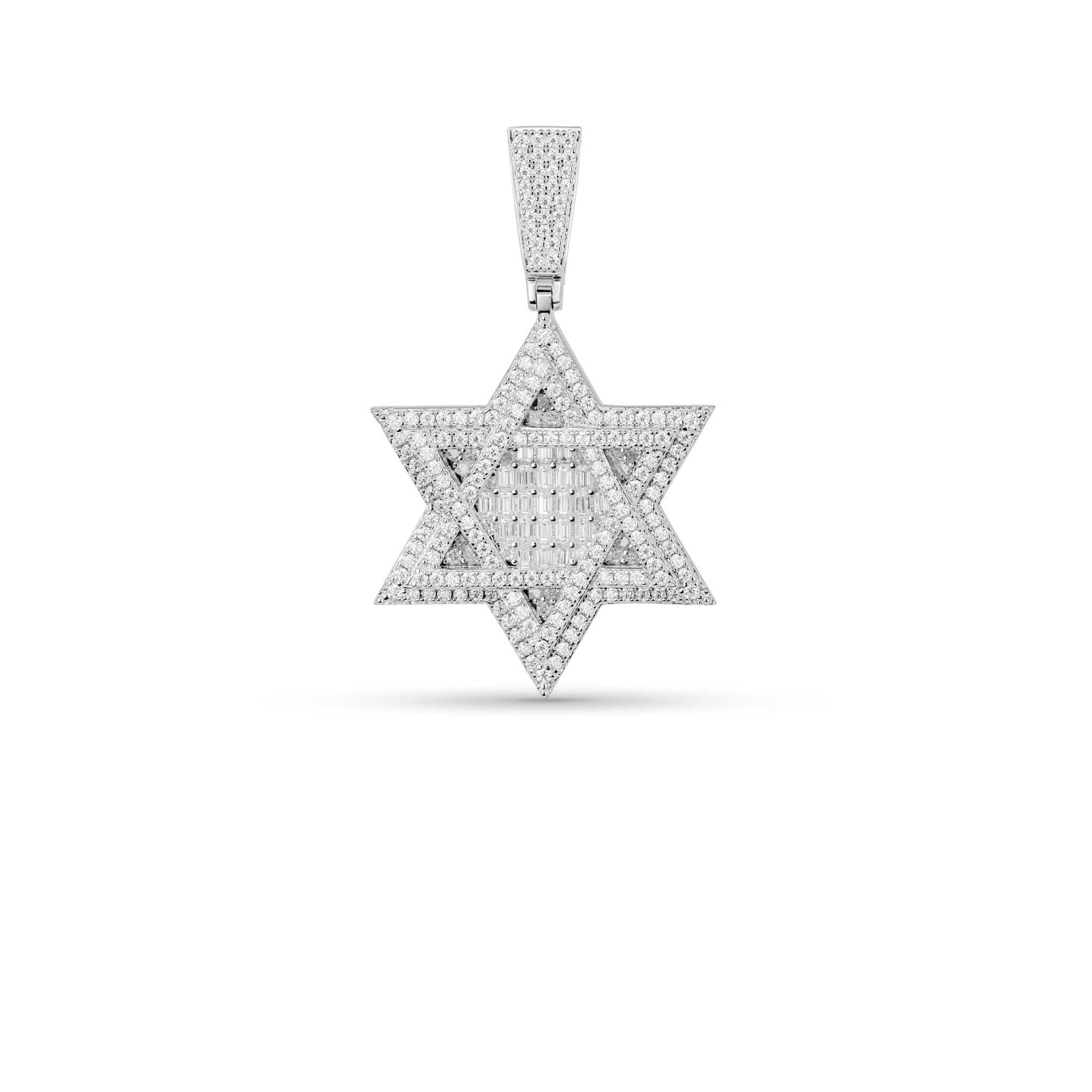 Moissanite Star of David pendant in sterling silver with baguette cut stones.