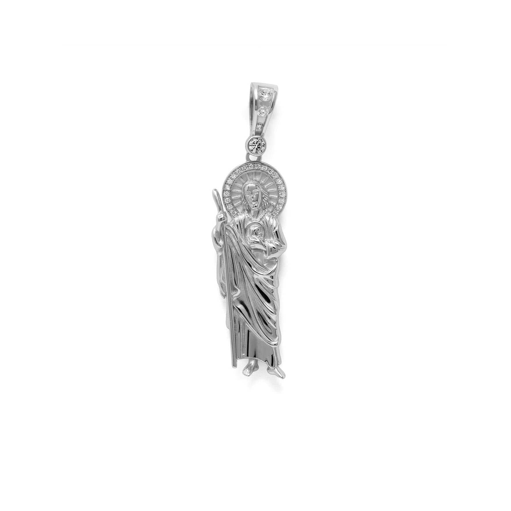 Jesus pendant in solid 925 sterling silver with 14k gold plating and CZ simulated diamonds.