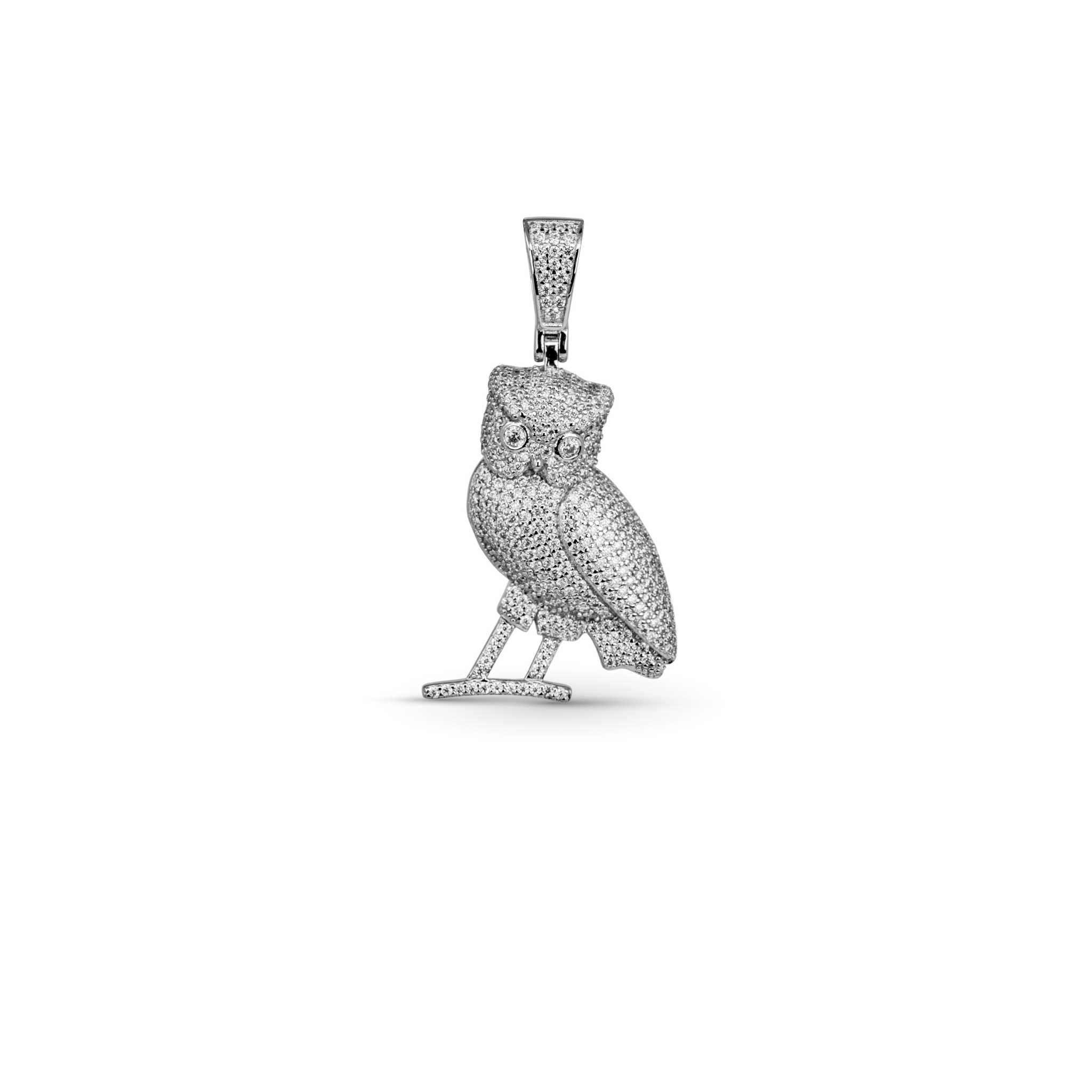 2ct Moissanite Owl Pendant in 925 Sterling Silver with pavé setting and VVS1 clarity stones.