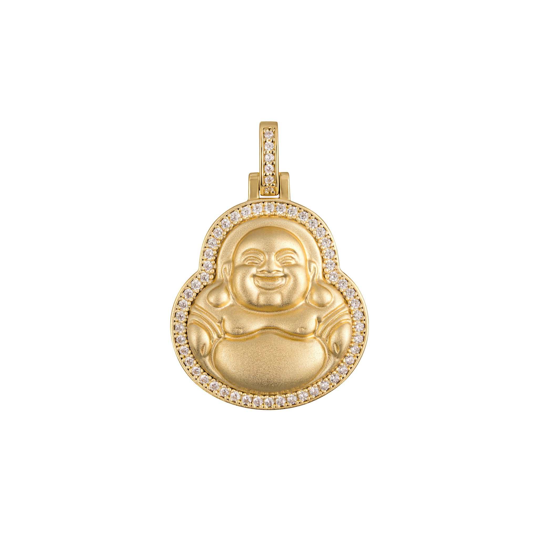Gold Buddha pendant with micropaved man-made diamonds, 925 sterling silver.