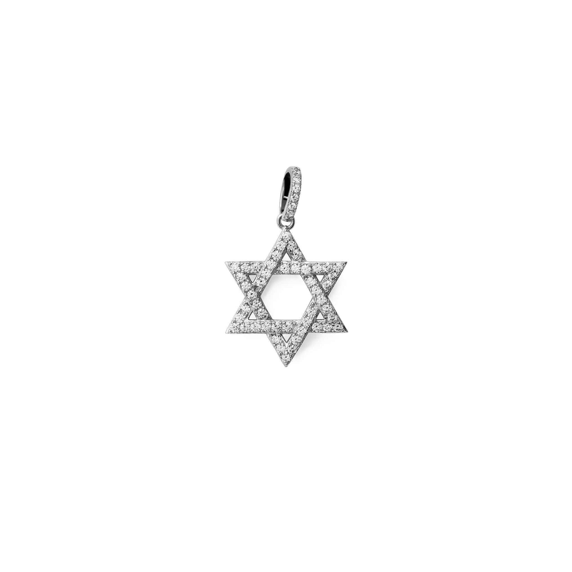 925 Sterling Silver Jewish Magen Star of David Pendant with Clear CZ Stones, 23x25mm.