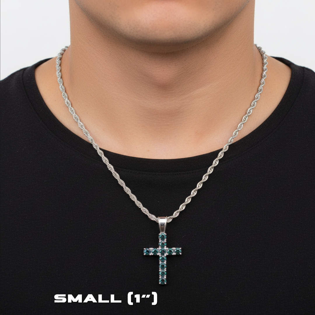 Moissanite Tennis Cross Pendant Mystic Green in 925 Sterling Silver