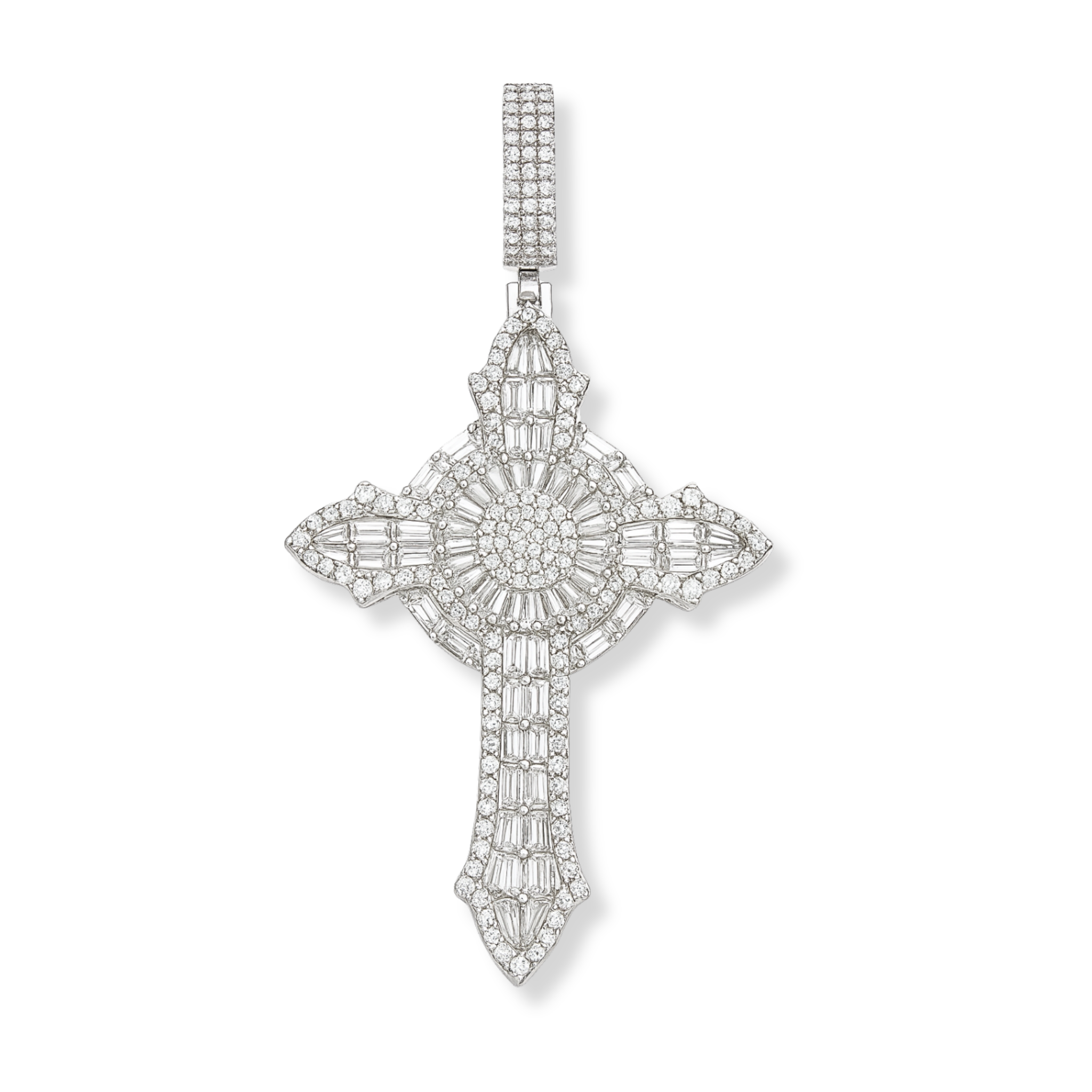 Moissanite Baguette Iced Cross Pendant 925 Sterling Silver