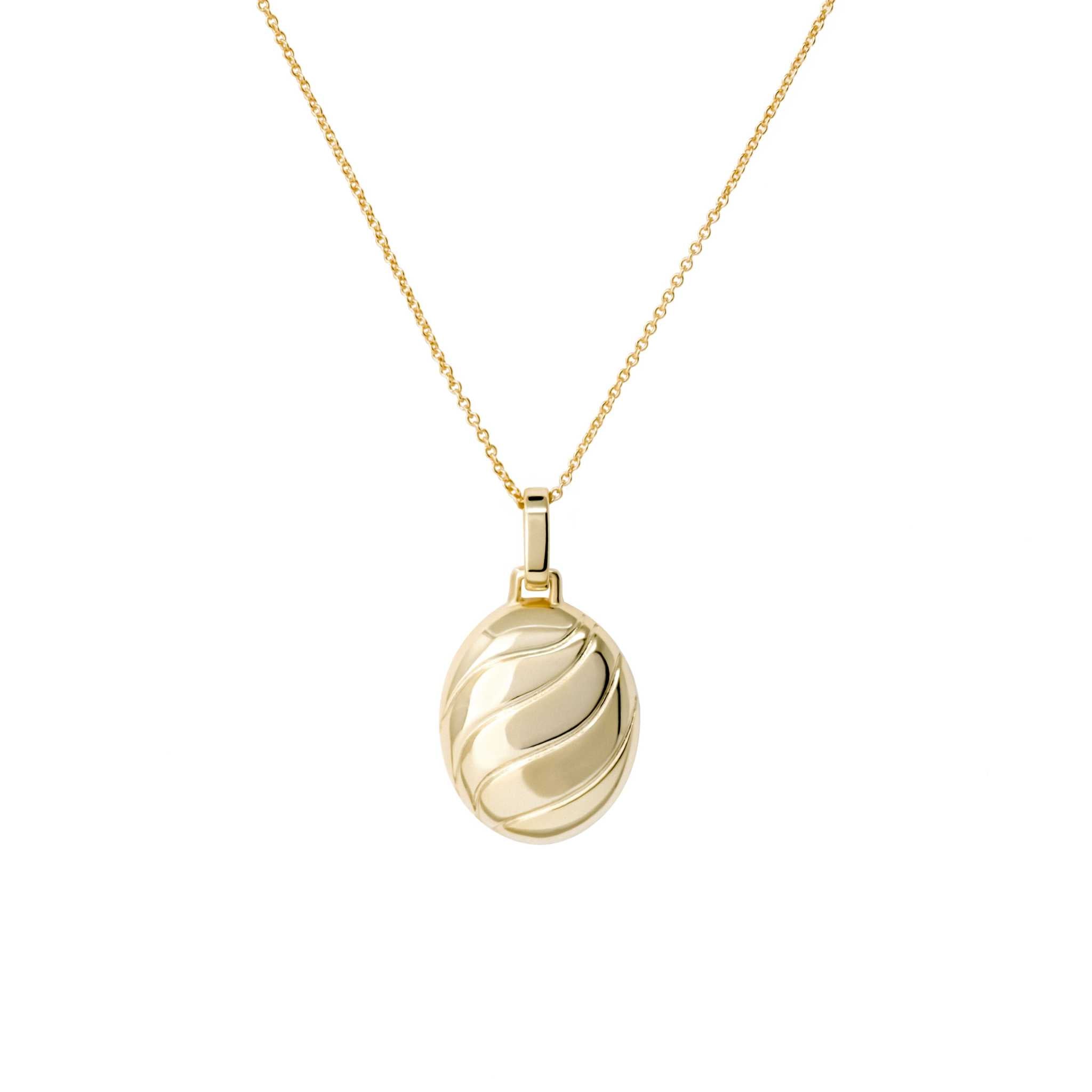 Handcrafted croissant necklace with 14x18mm pendant in 14K gold finish.