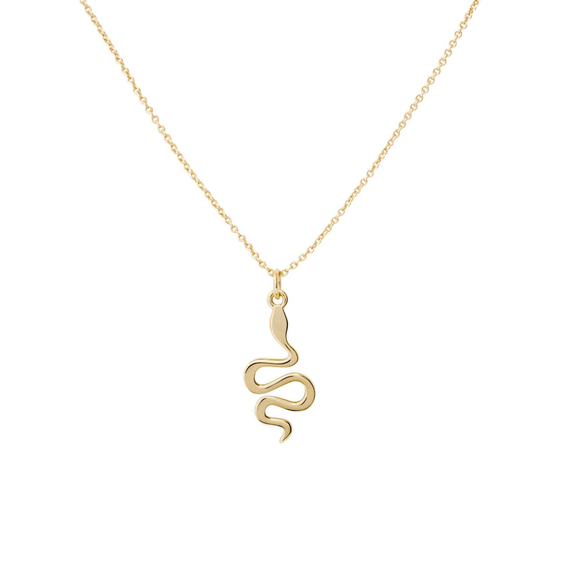 Gold snake necklace with adjustable chain and snake pendant.