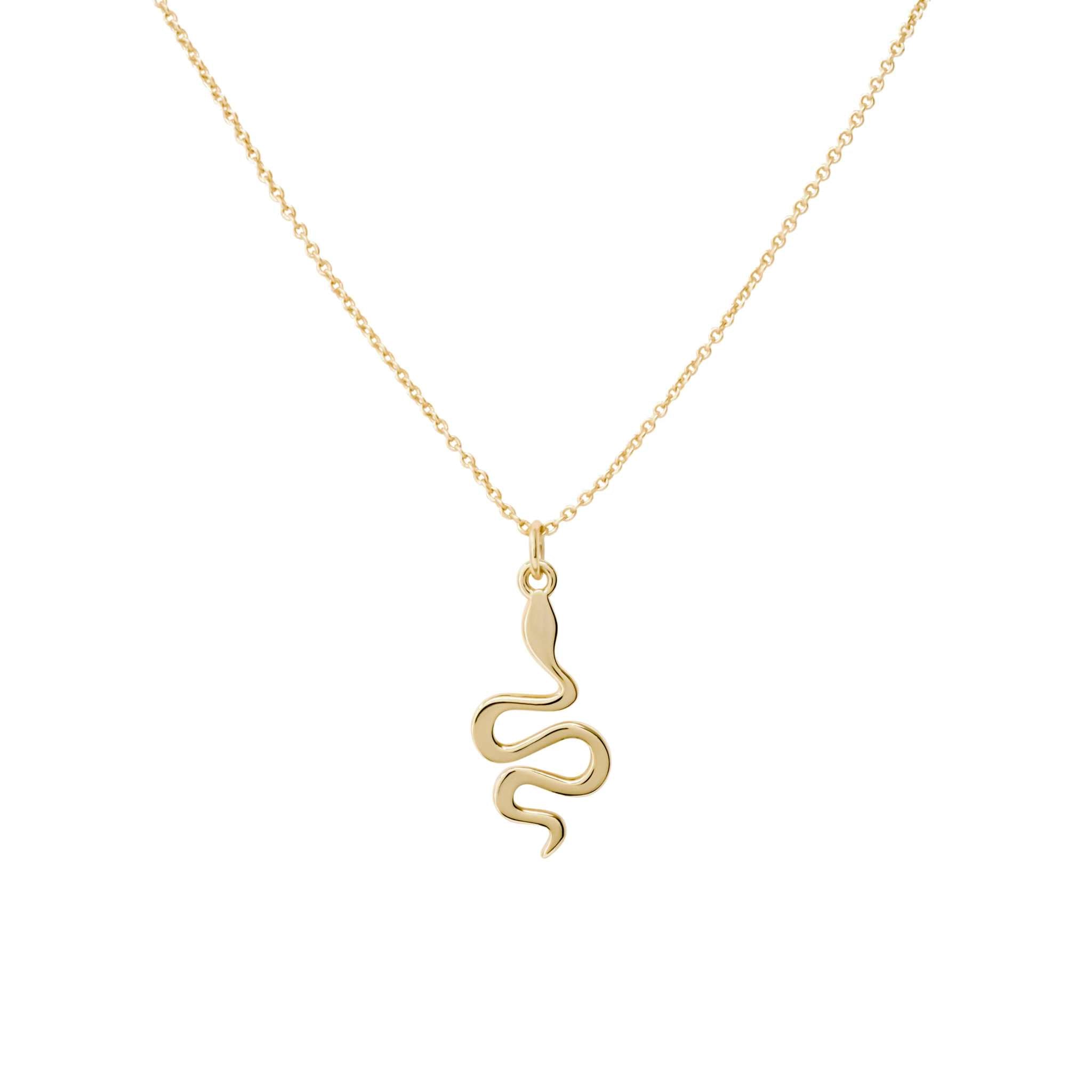 Gold snake necklace with adjustable chain and snake pendant.