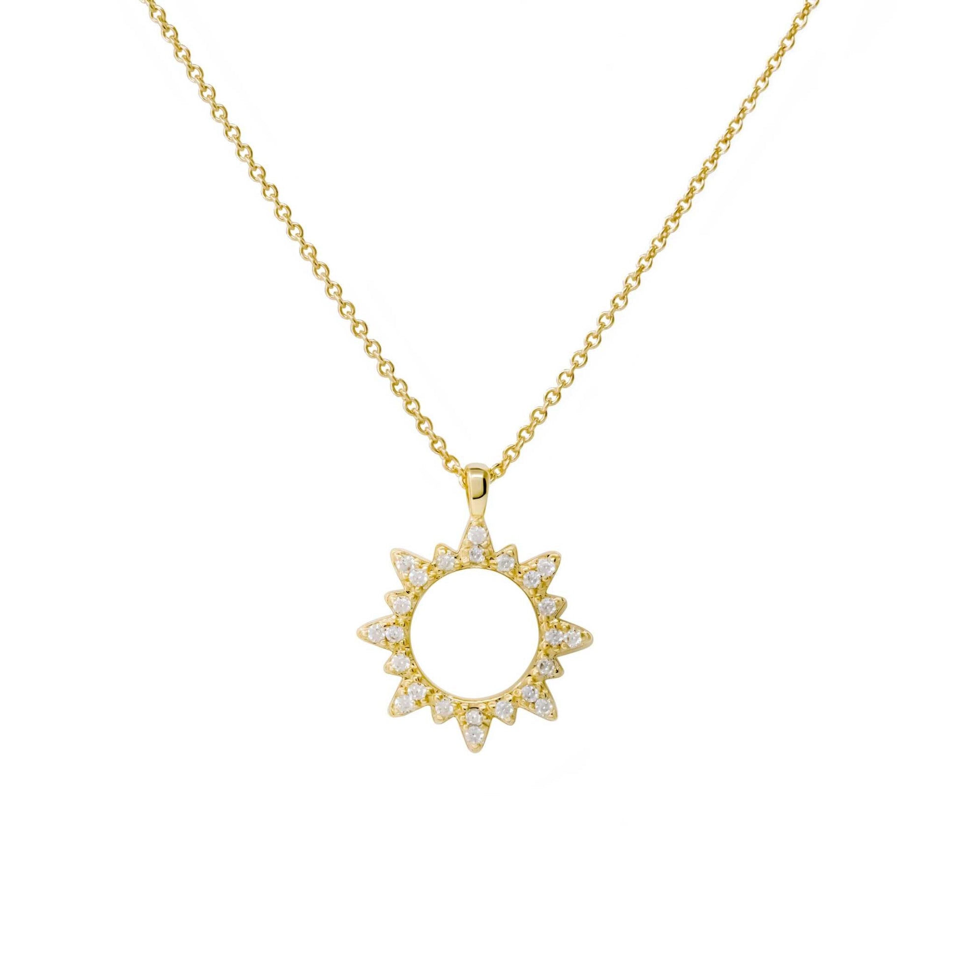 Dainty silver sun necklace with a minimalist design, 925 sterling silver or brass with rhodium or 14K gold plating, 13mm pendant.