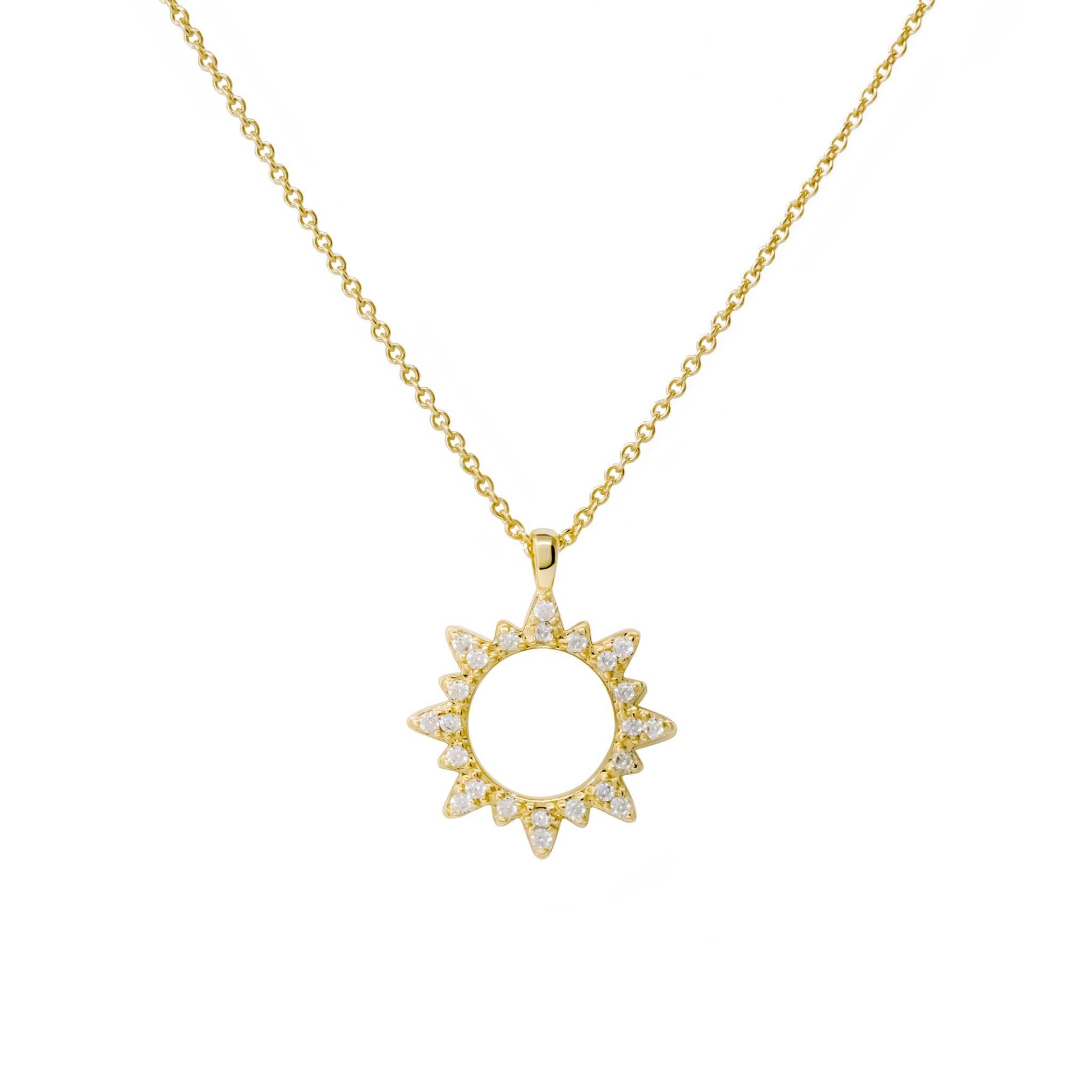 Dainty silver sun necklace with a minimalist design, 925 sterling silver or brass with rhodium or 14K gold plating, 13mm pendant.