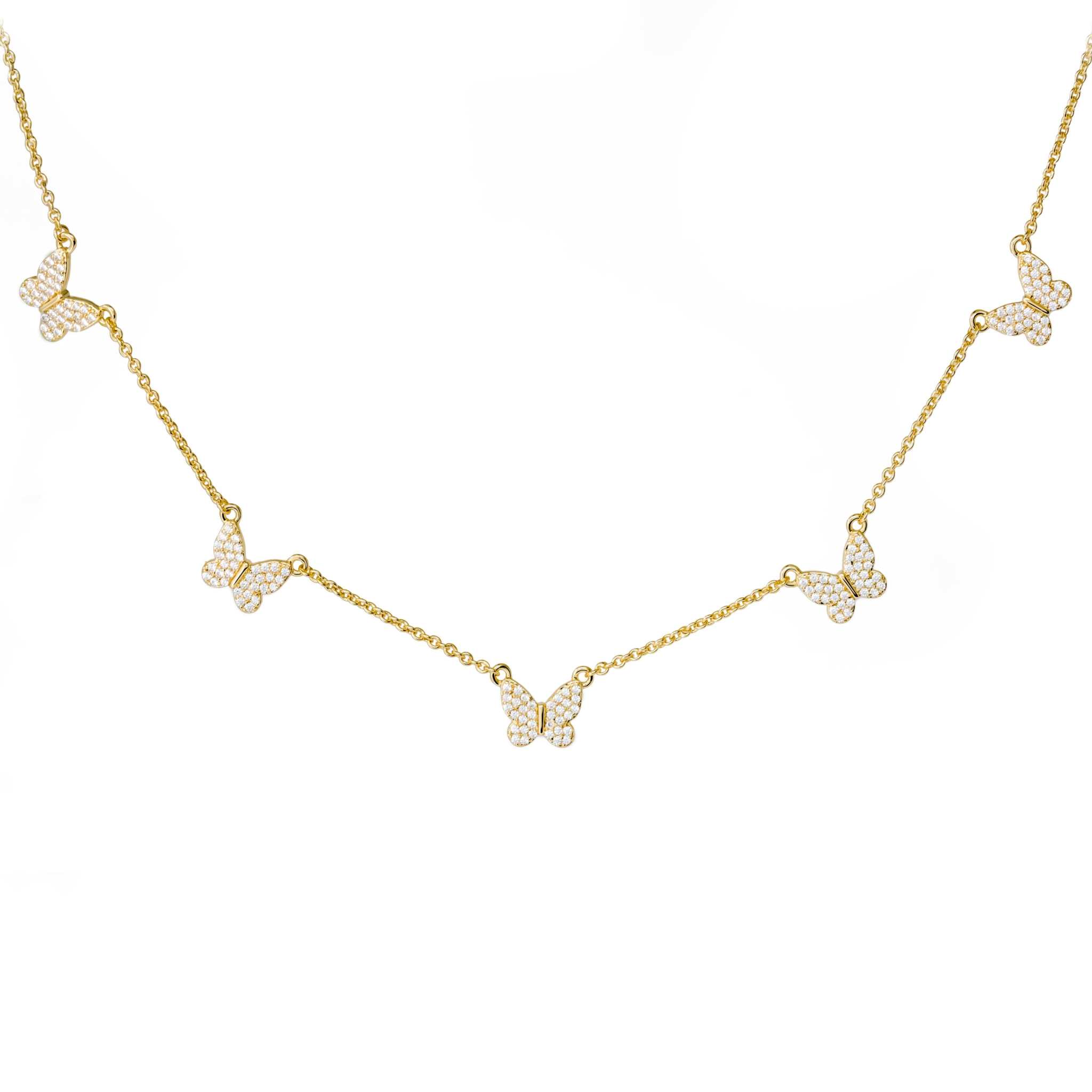 Delicate butterfly necklace with gold chain and CZ stones.