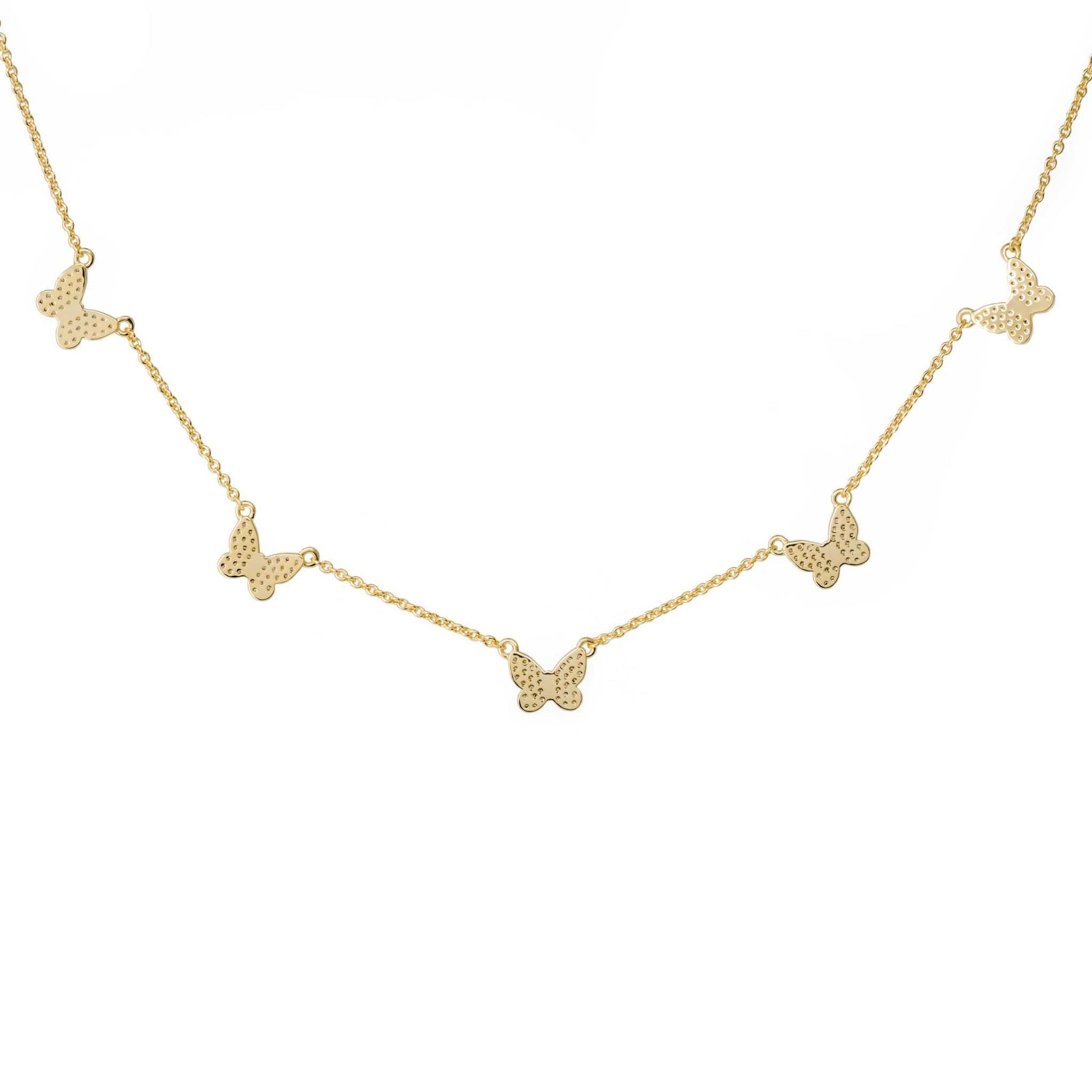 Delicate butterfly necklace in 14K gold with CZ stones and lobster clasp.