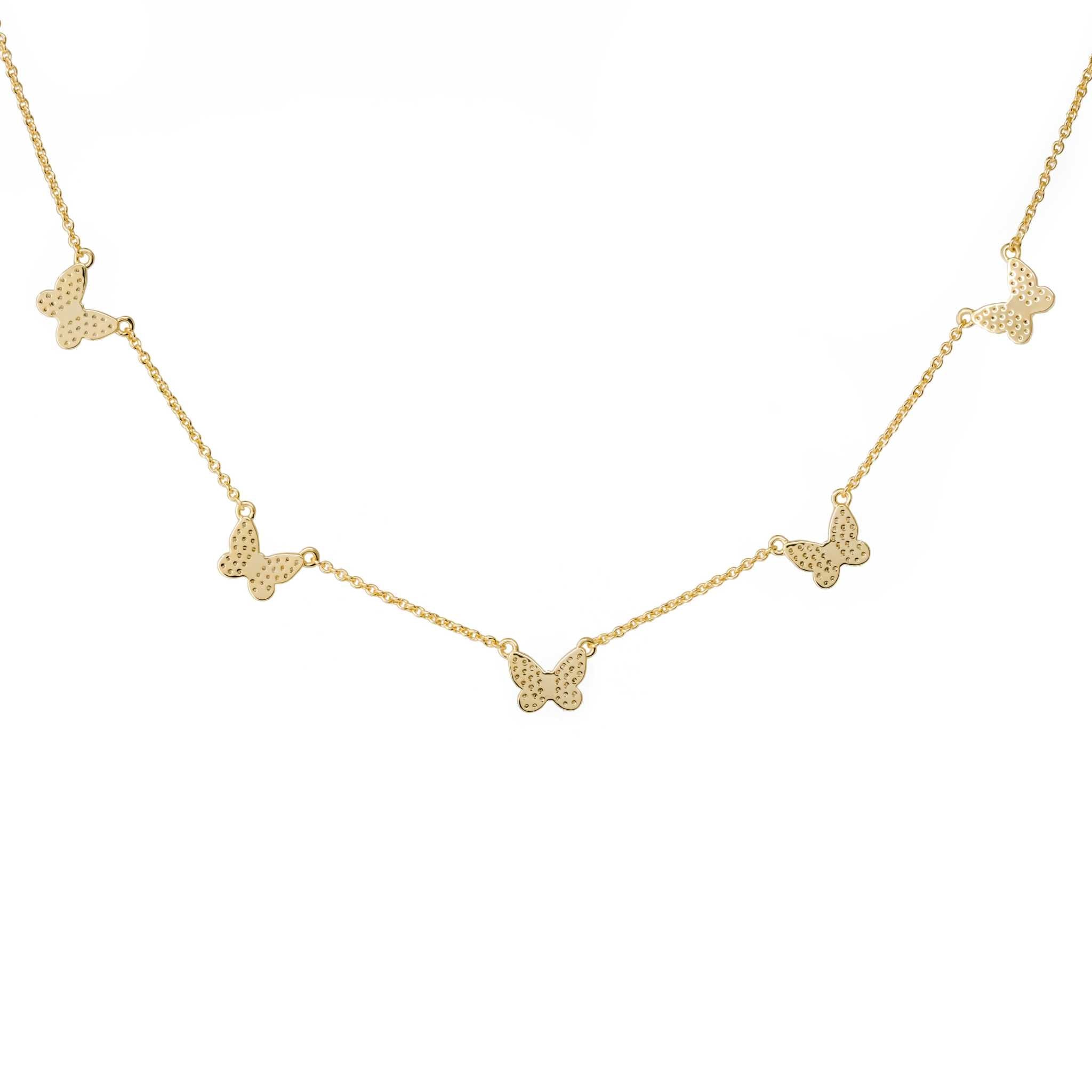 Delicate butterfly necklace in 14K gold with CZ stones and lobster clasp.