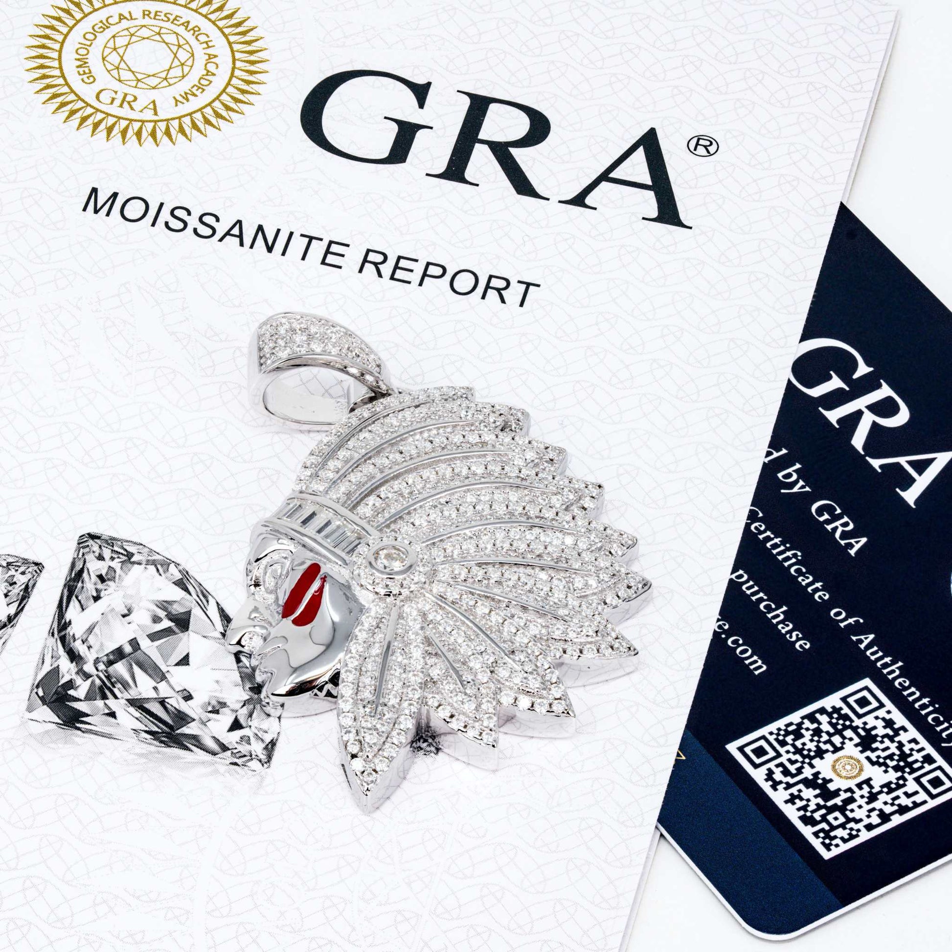 Native American Indian Moissanite Pendant in 925 sterling silver with GRA moissanite report.