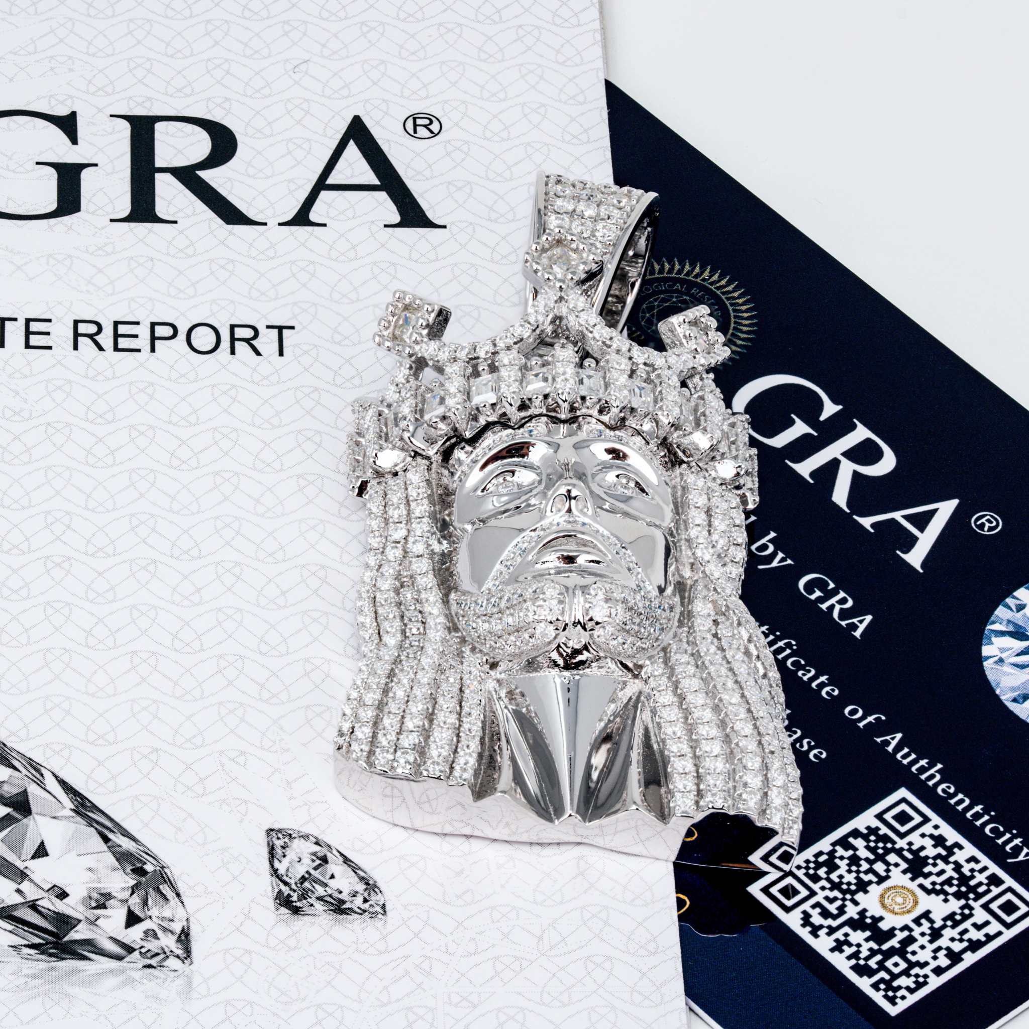 Moissanite Iced King Crown Jesus Head Piece Pendant with VVS1 D-grade stones on 925 sterling silver.