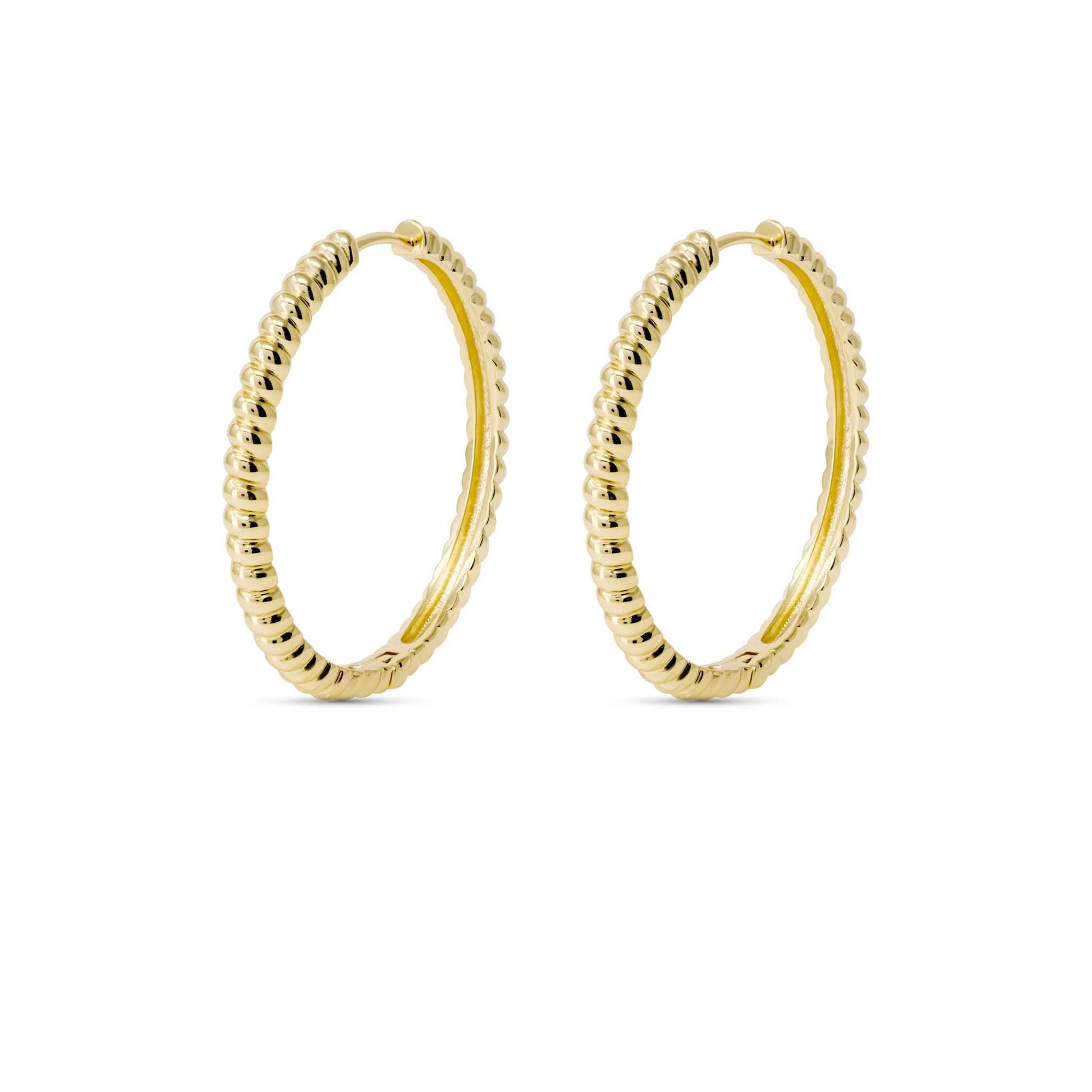 Pair of 14k gold plated croissant hoop earrings with textured design and 29.3mm diameter