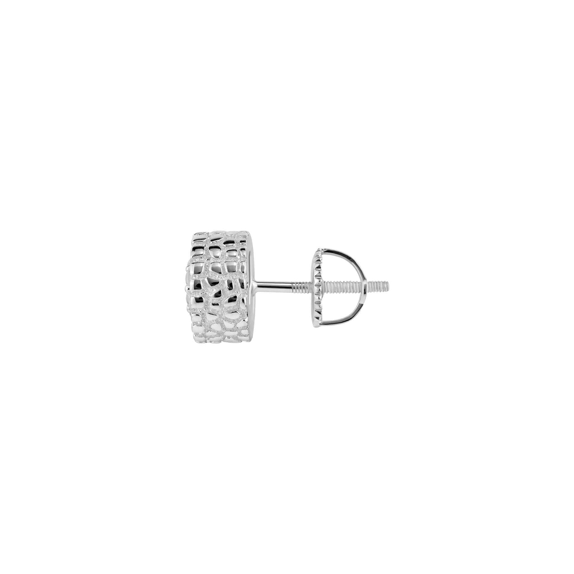 Round nugget earrings, solid 925 sterling silver, rhodium plating, screw back closure.