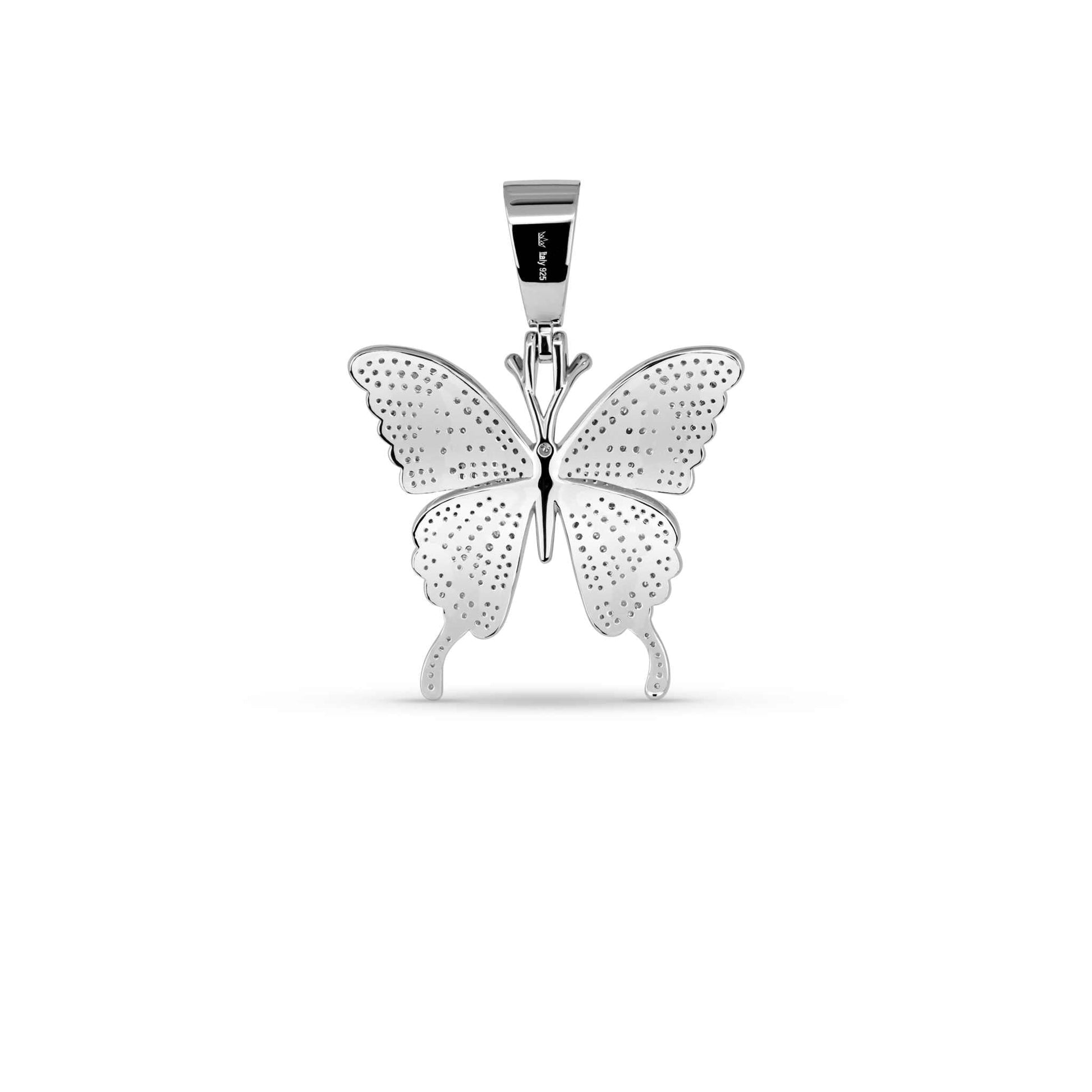 Womens Moissanite Butterfly Pendant in 925 sterling silver with pave-set stones.