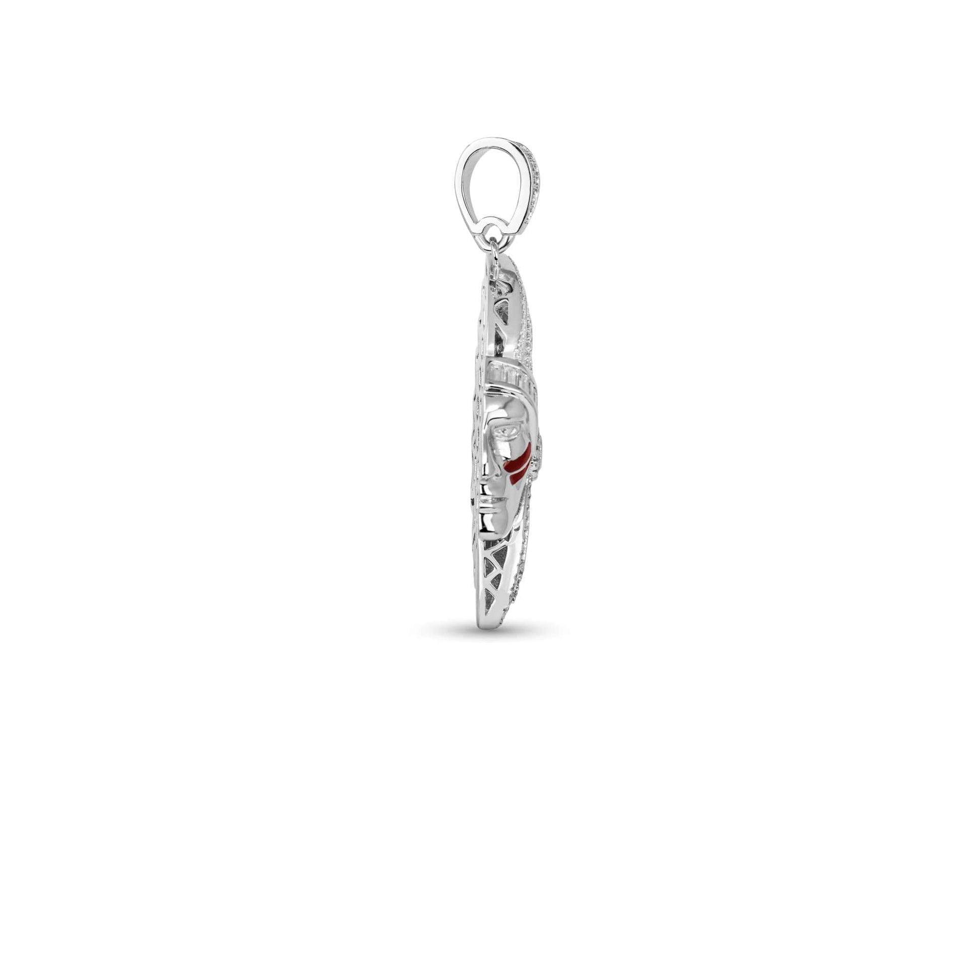 Side view of Native American Indian Moissanite Pendant in 925 sterling silver, featuring intricate design and moissanite stones.