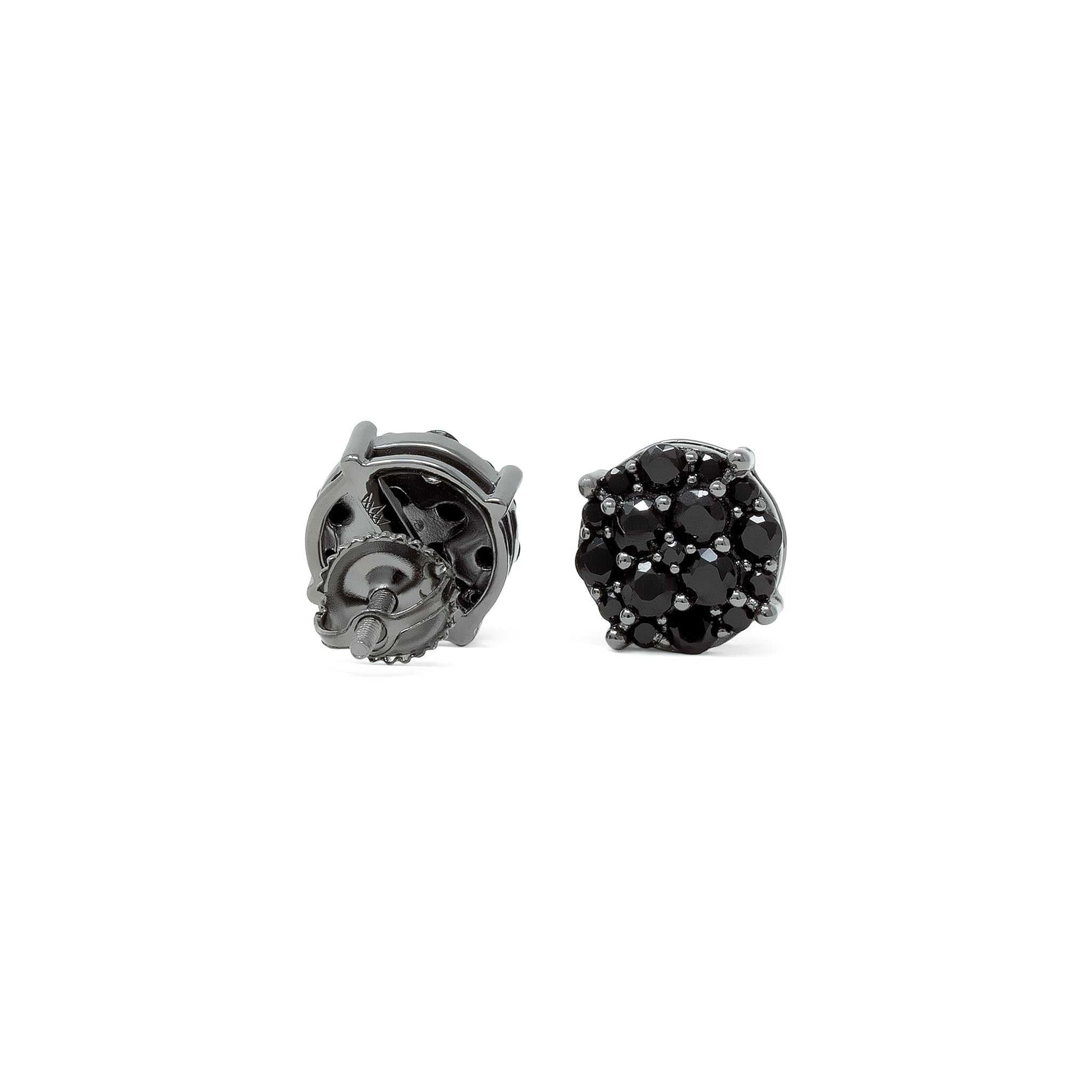 Black stud earrings with black cubic zirconia, 925 sterling silver, 9mm size.