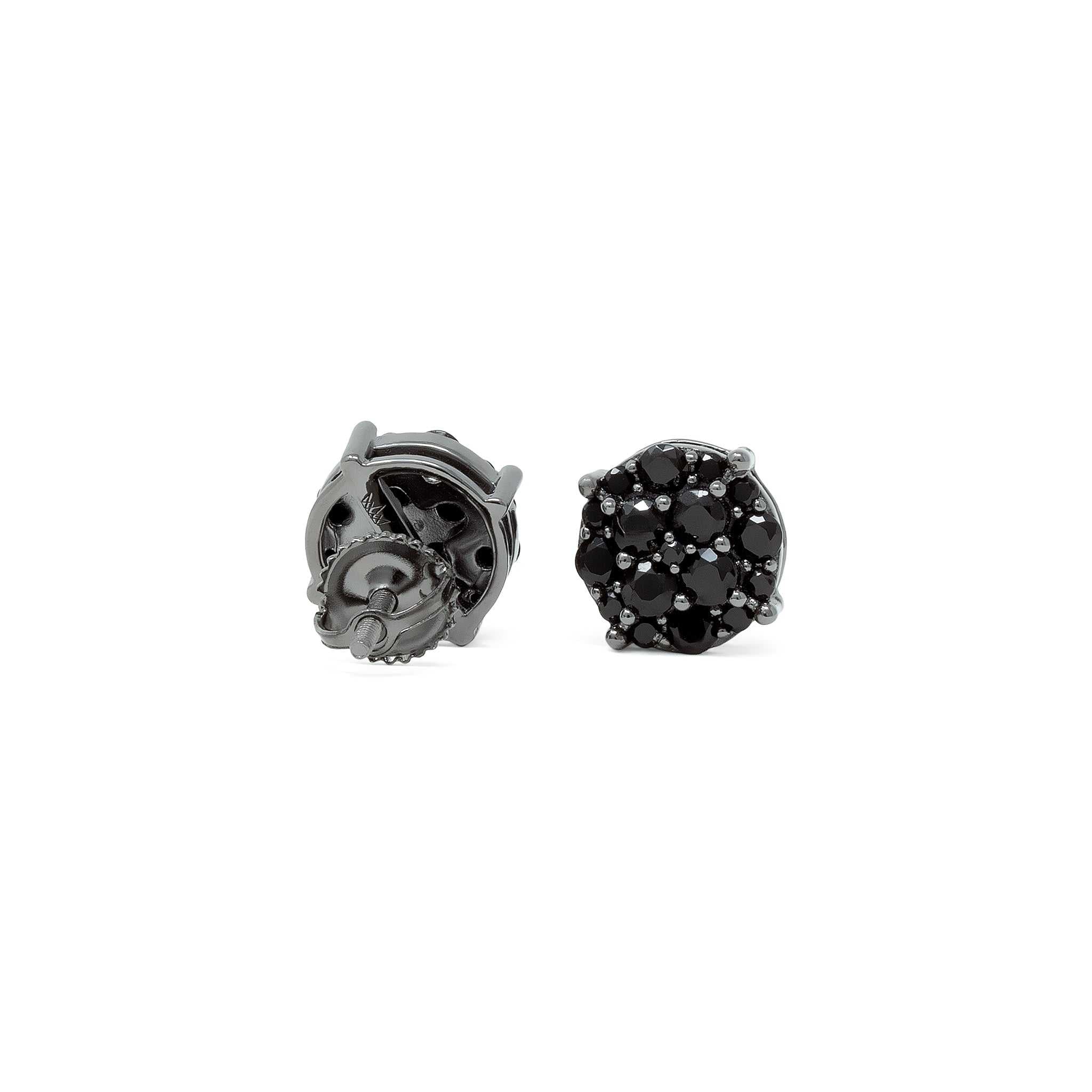 Black stud earrings with black cubic zirconia, 925 sterling silver, 9mm size.