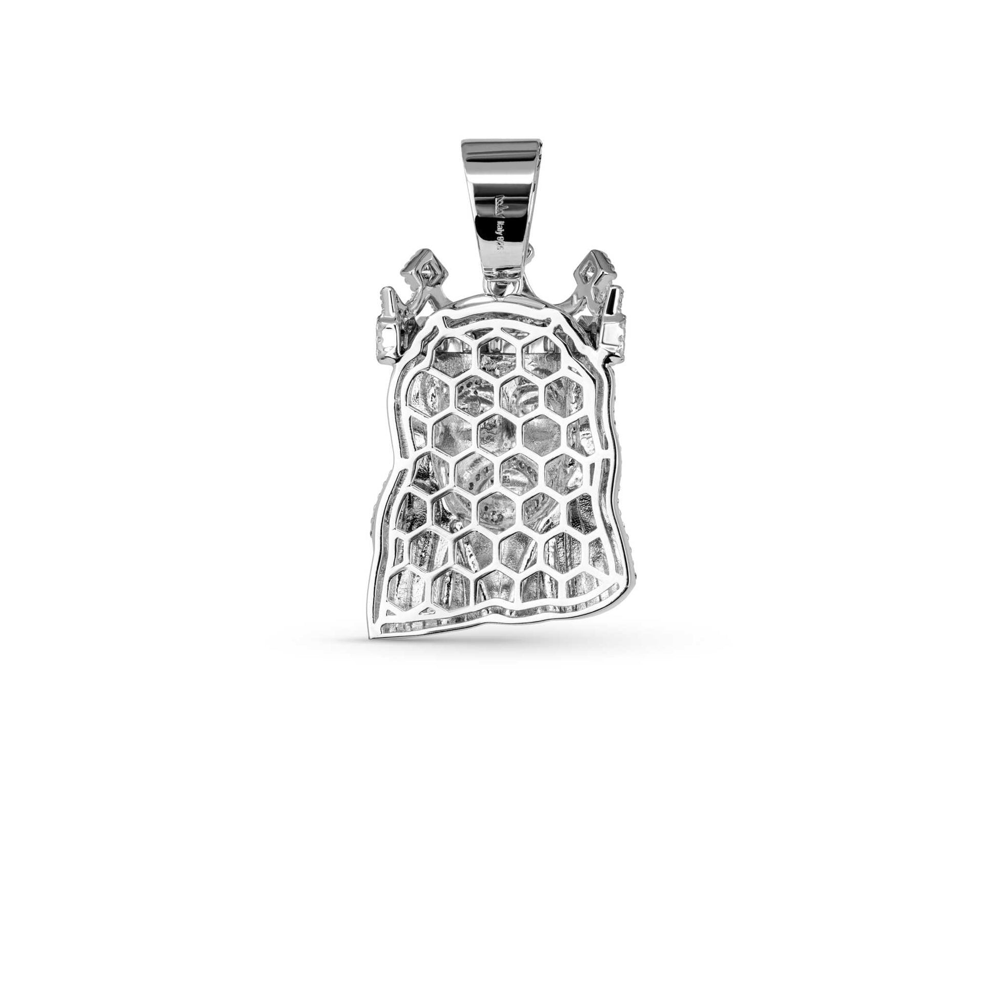 Moissanite Iced King Crown Jesus Head Piece Pendant in sterling silver, showcasing intricate design and VVS1 D-grade stones.