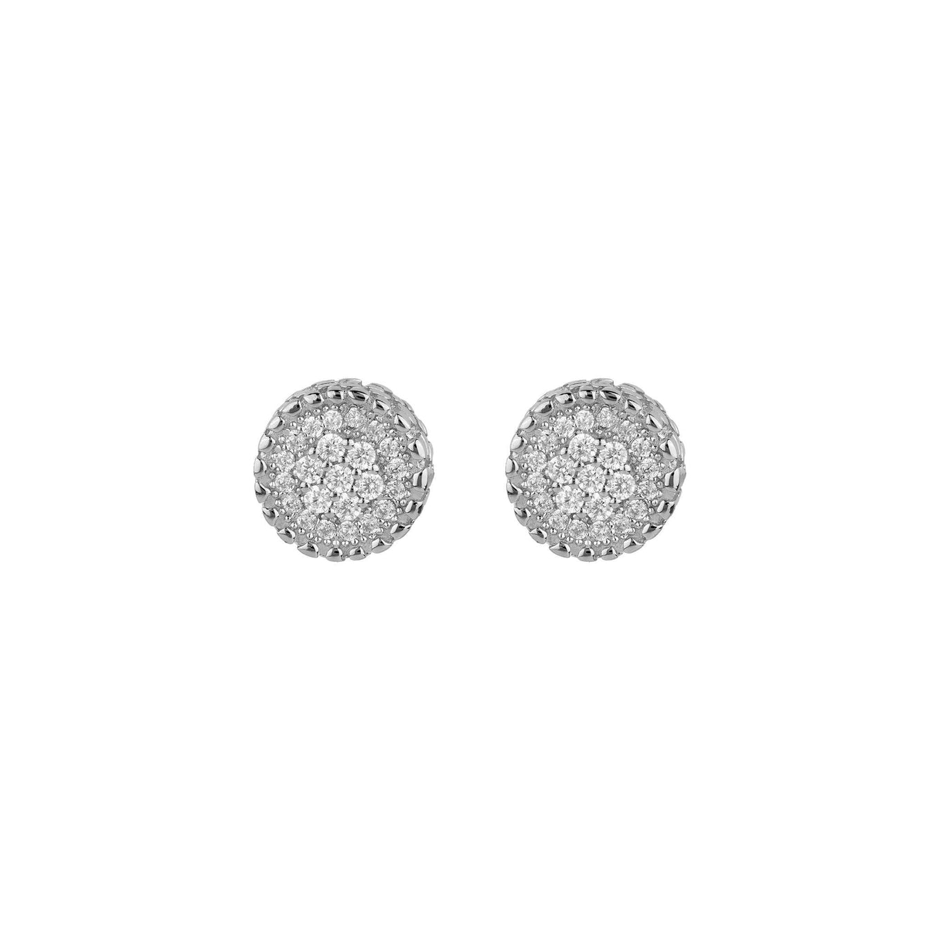 Round nugget earrings in sterling silver with rhodium plating and clear CZ stones.