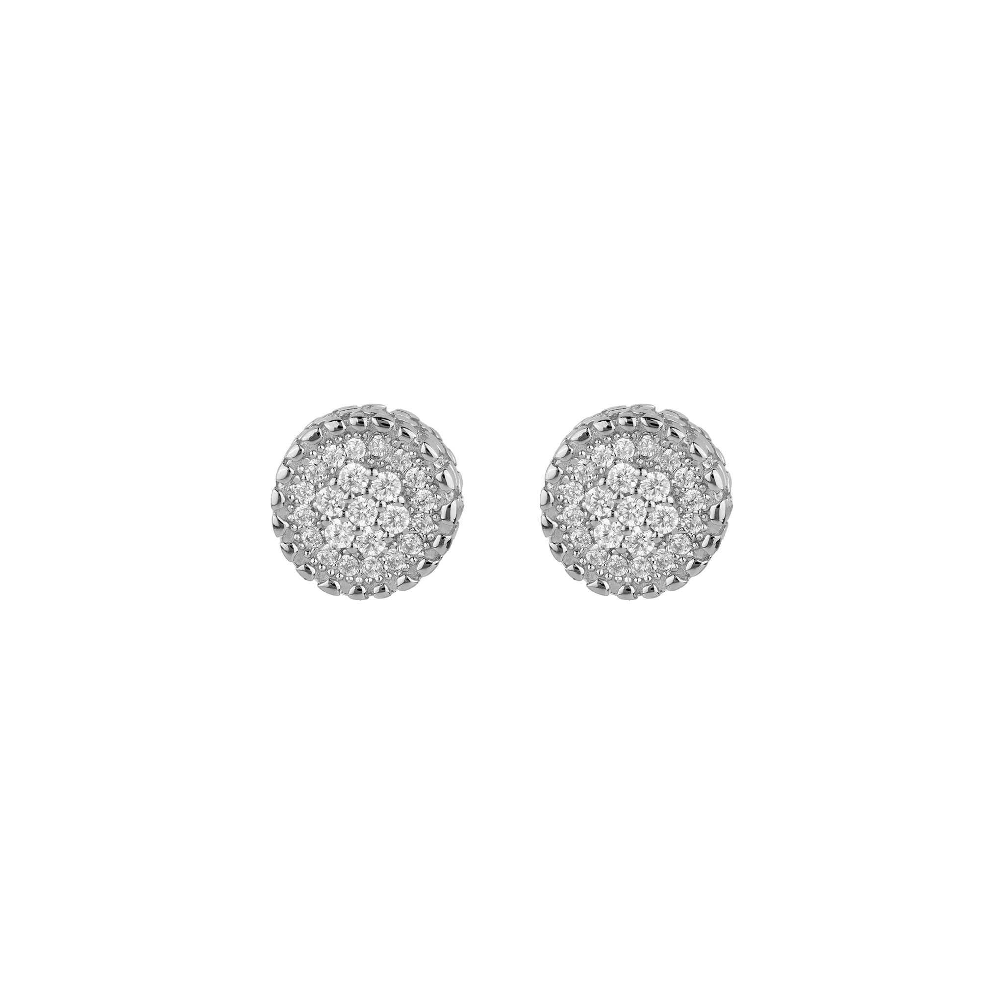 Round nugget earrings in sterling silver with rhodium plating and clear CZ stones.