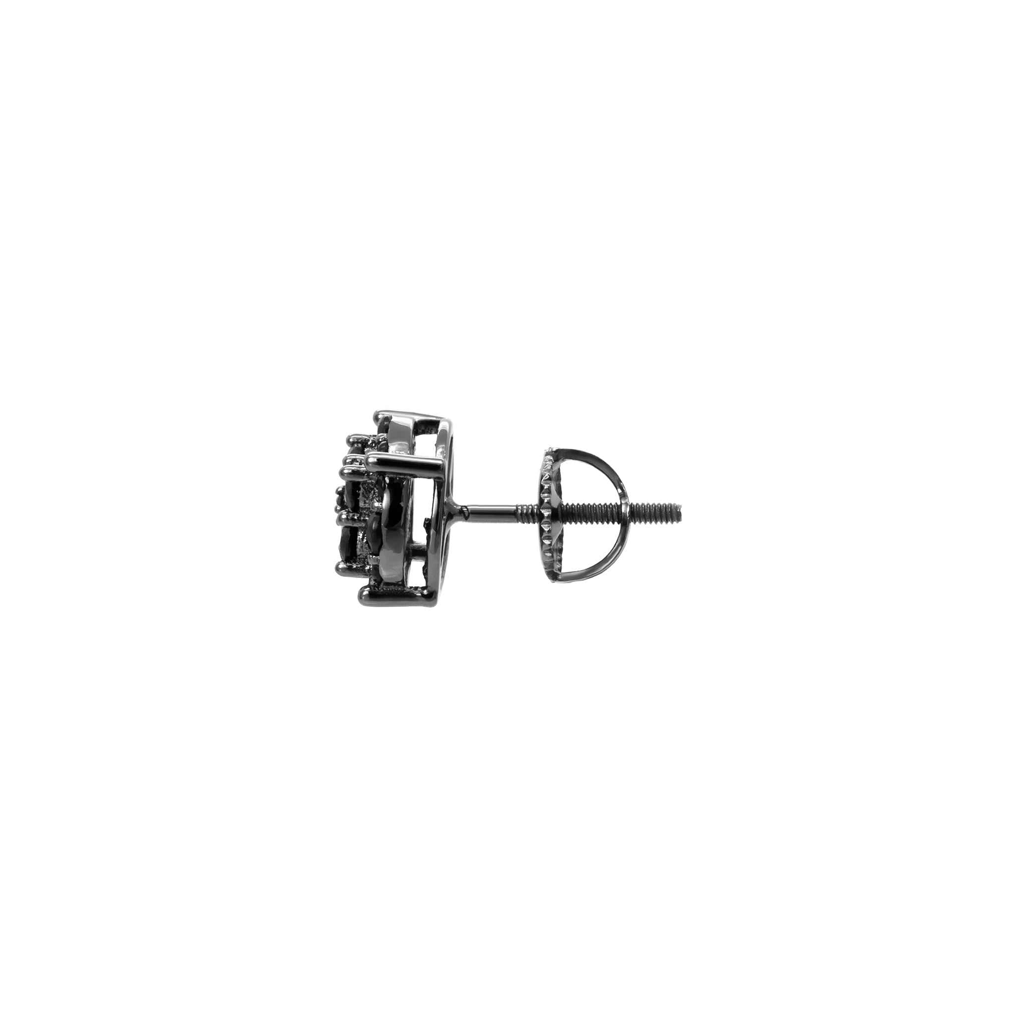 Solid 925 sterling silver black stud earrings with black cubic zirconia stone and screw back design, 9mm size.