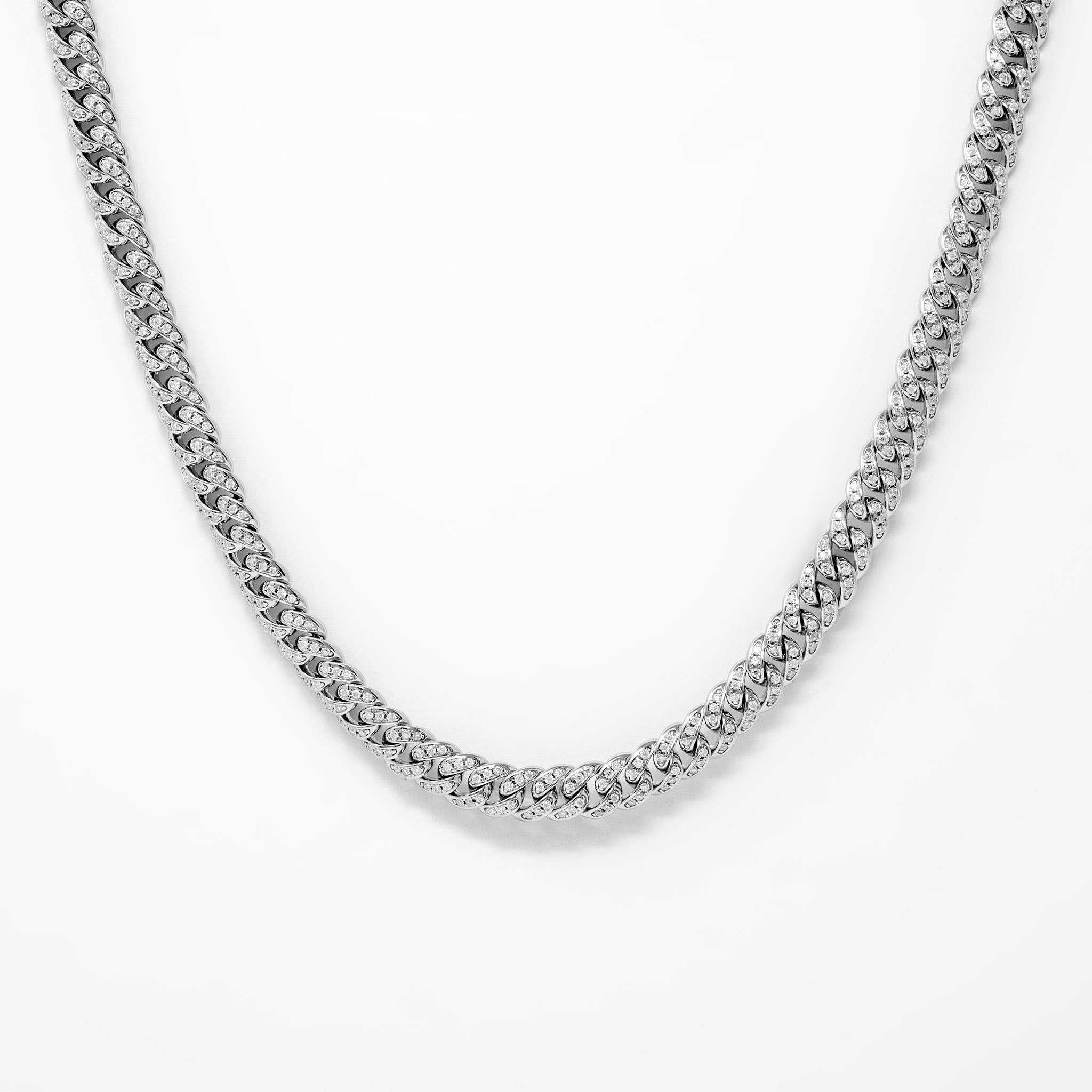 6MM iced moissanite Miami link chain in 925 sterling silver with VVS1 icy moissanite stones, unisex Cuban link design.