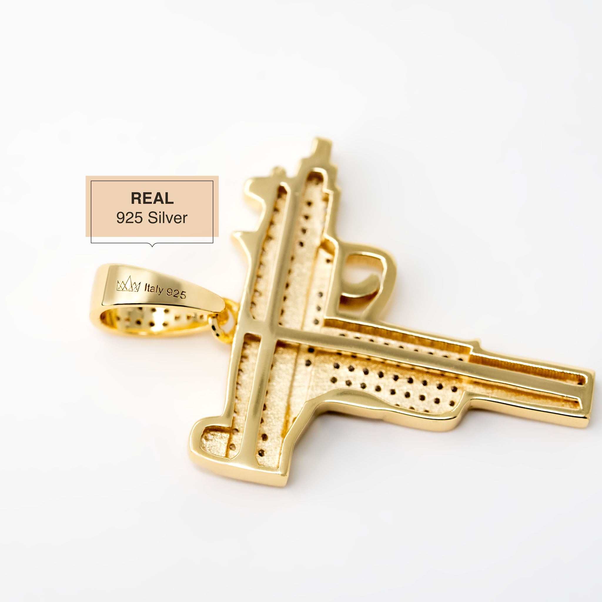 Gold-plated Uzi pendant crafted from pure 925 silver with handset cz stones.