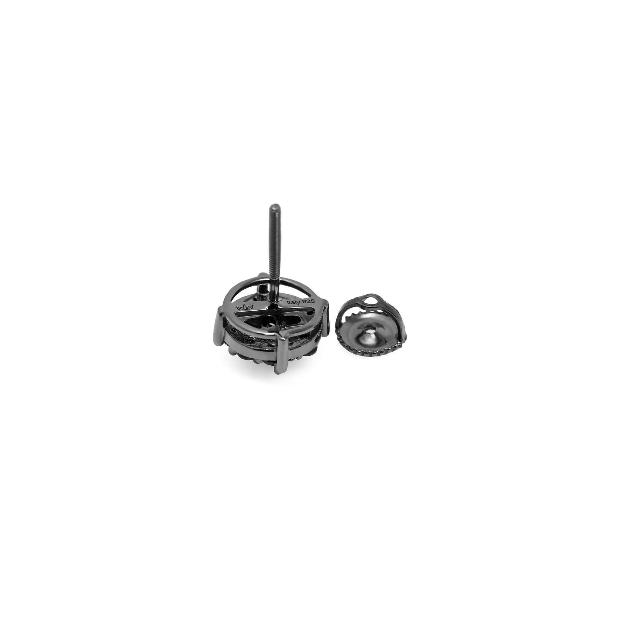 Black CZ stud earrings in solid 925 sterling silver with screw back design, 9mm size.