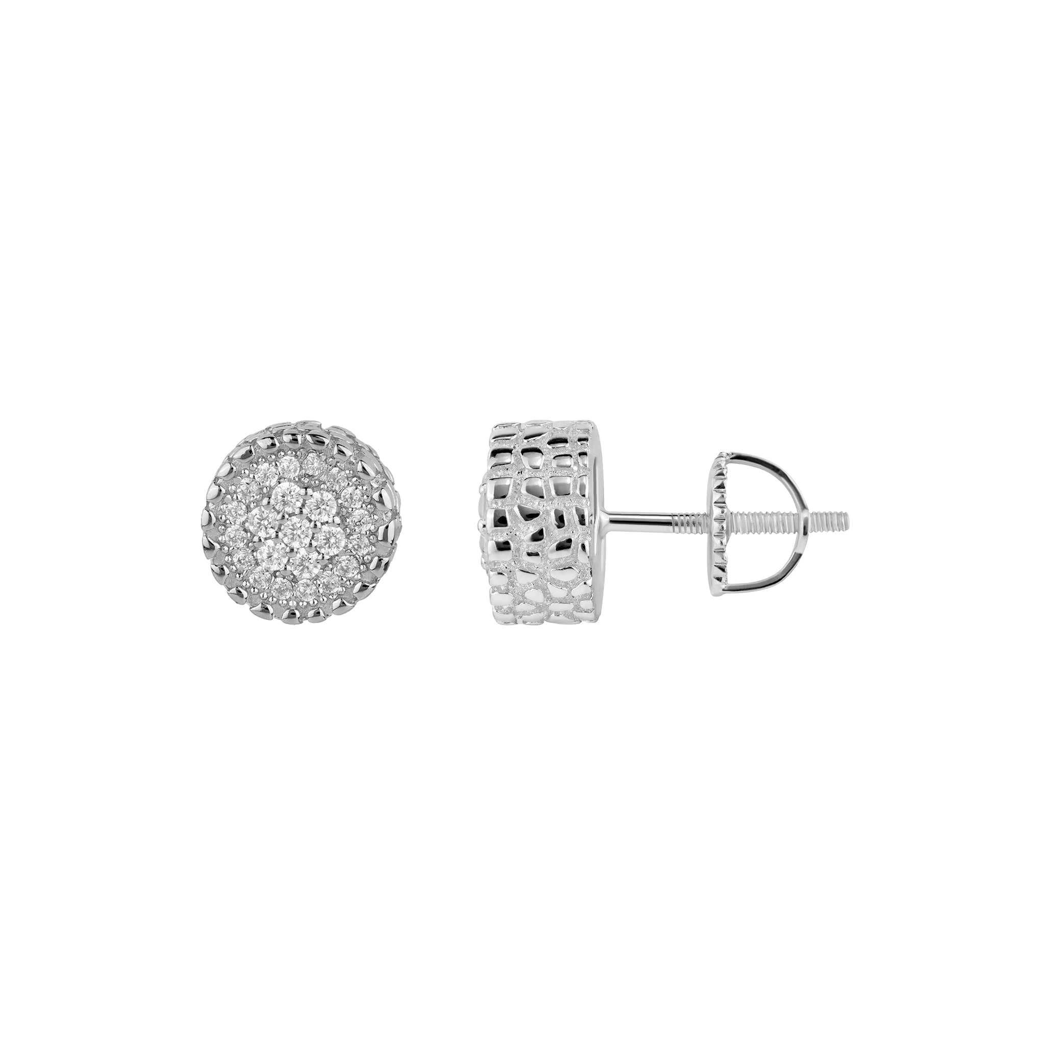 Round nugget earrings in solid 925 sterling silver with cubic zirconia studs, rhodium plated, screw back closure.
