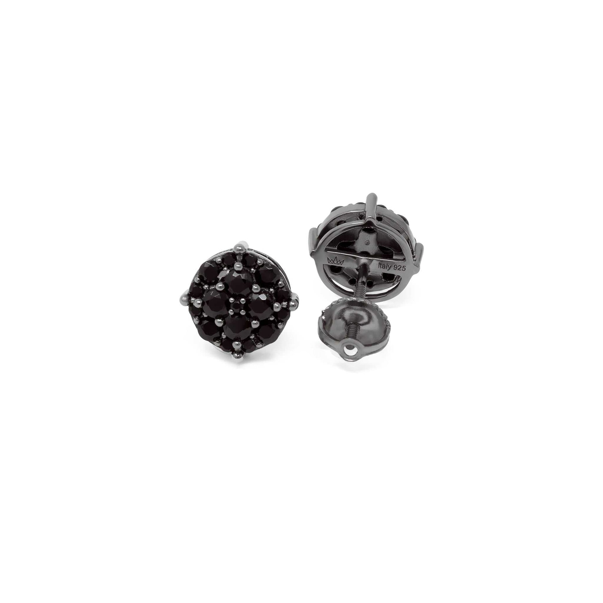 Black stud earrings with black cubic zirconia, 9mm, 925 sterling silver.