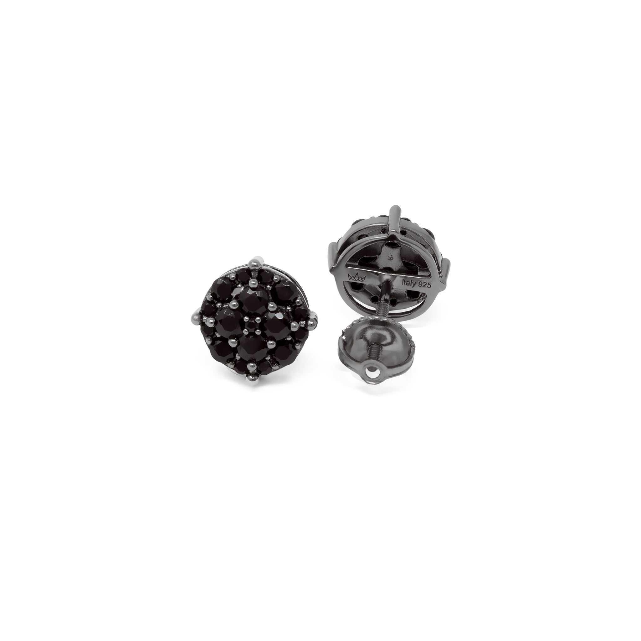 Black stud earrings with black cubic zirconia, 9mm, 925 sterling silver.