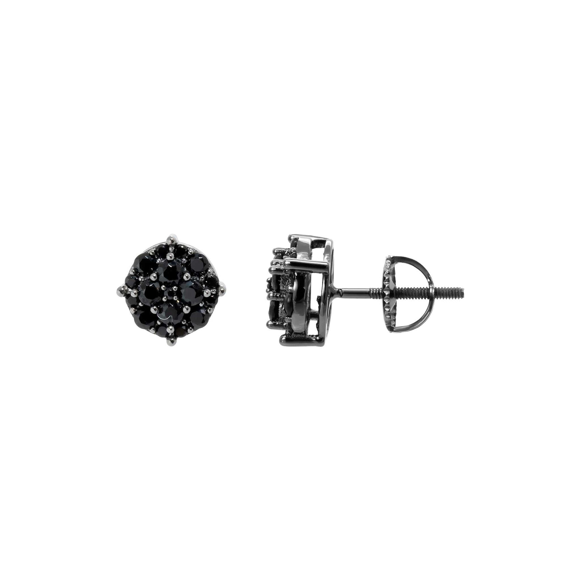 Black stud earrings with black cubic zirconia stones set in solid 925 sterling silver, 9mm size, classic round design.