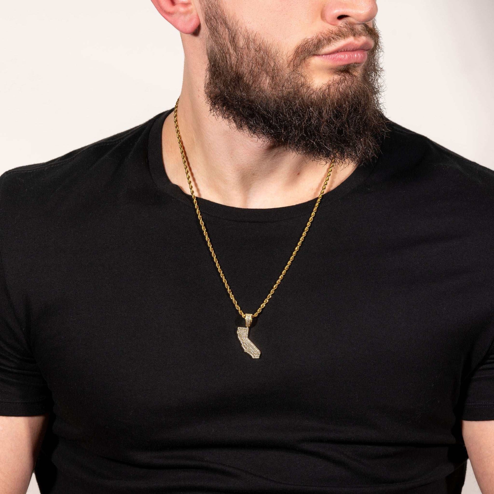 California State Pendant in sterling silver with rhodium and 14k gold plating, featuring CZ stones, worn on a chain.