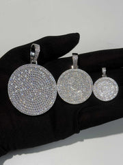 Real Solid 925 Sterling Silver CZ Iced Round Hip Hop Dog Tag Medallion Pendant Necklace