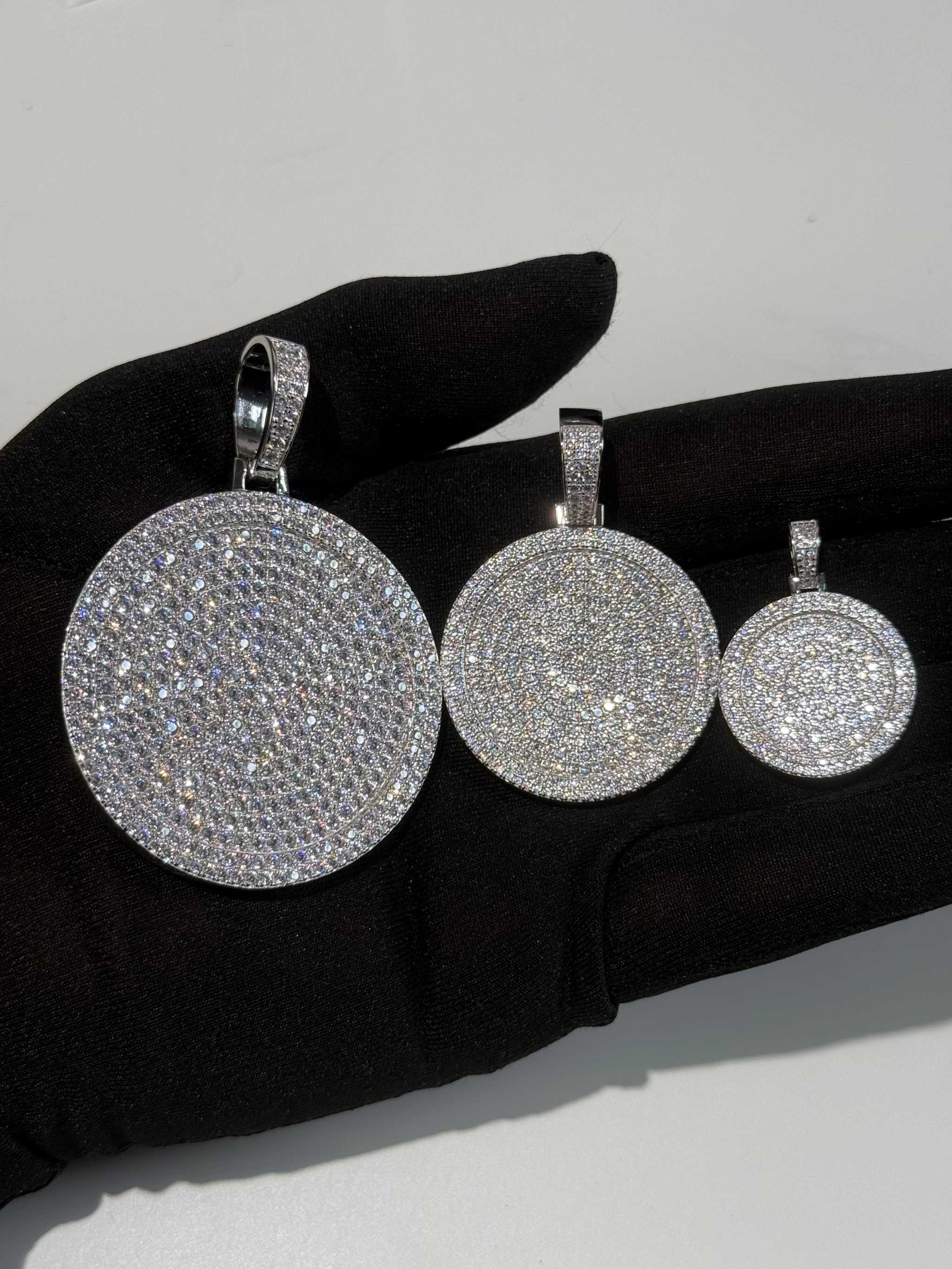 Real Solid 925 Sterling Silver CZ Iced Round Hip Hop Dog Tag Medallion Pendant Necklace