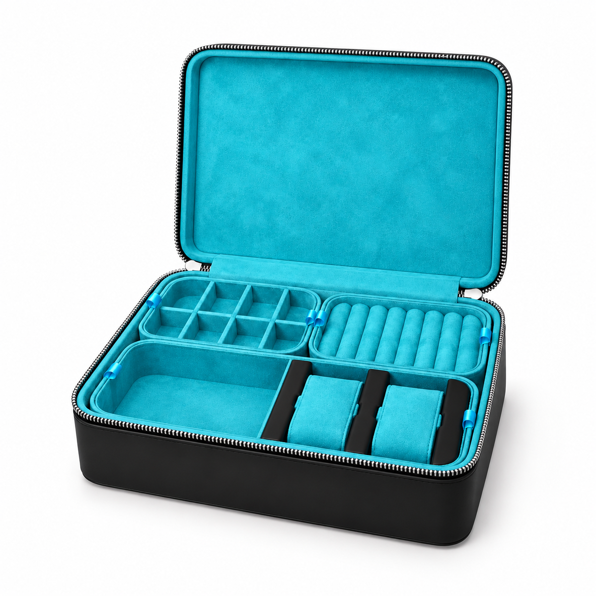 MORF Travel Jewelry Case — Black with Teal Blue Suede Interior