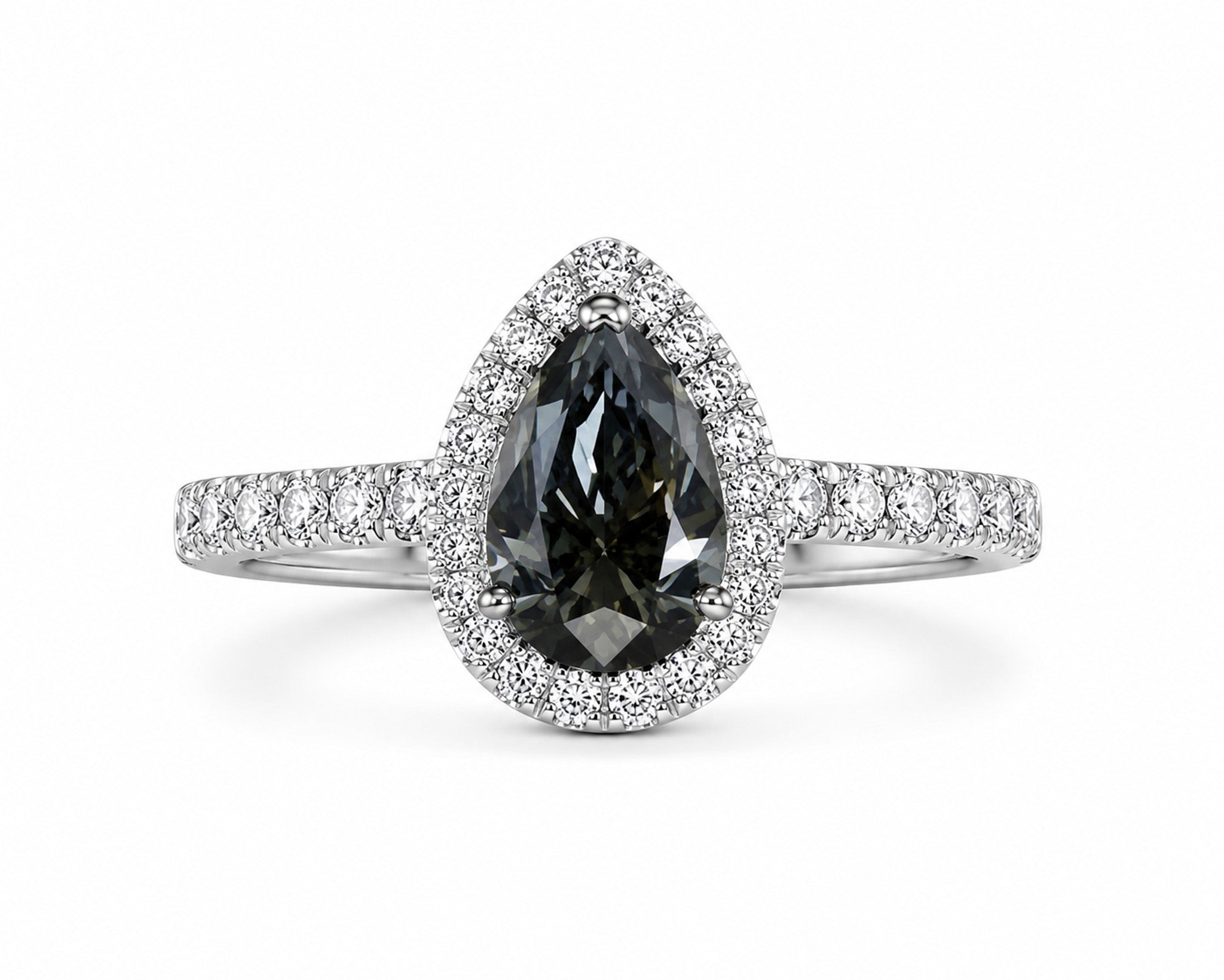 925 Sterling Silver Gray Moissanite 2.42 TCW Pear Cut Halo Engagement Ring