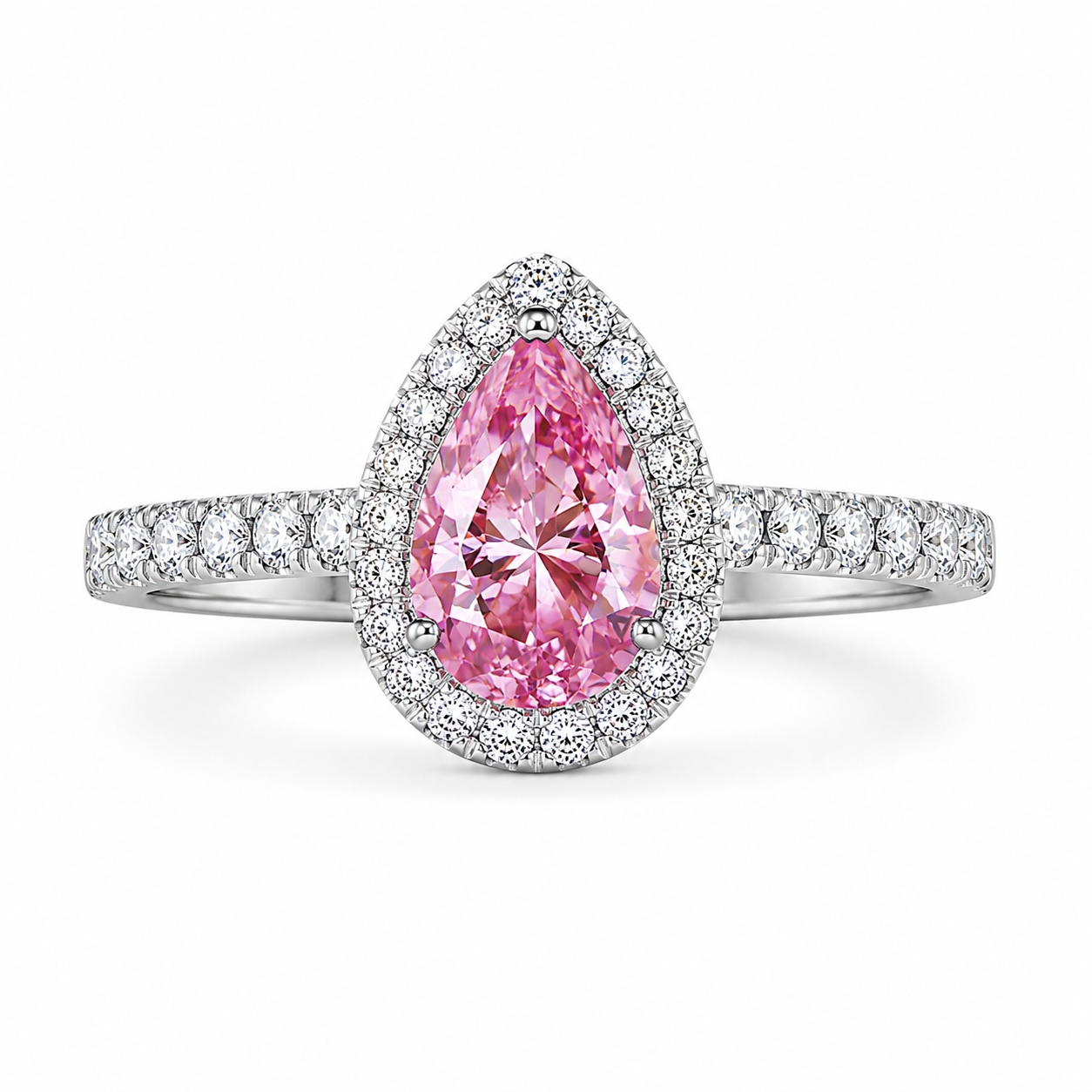 925 Sterling Silver Sakura Pink Moissanite Pear Cut Halo Engagement Ring