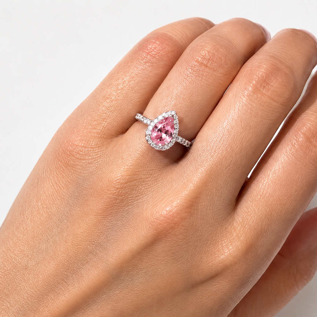 925 Sterling Silver Sakura Pink Moissanite Pear Cut Halo Engagement Ring