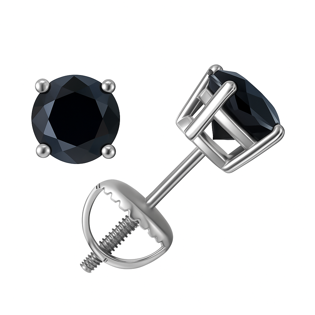 Black Moissanite stud earrings with round cut black stones set in 925 sterling silver screwback settings