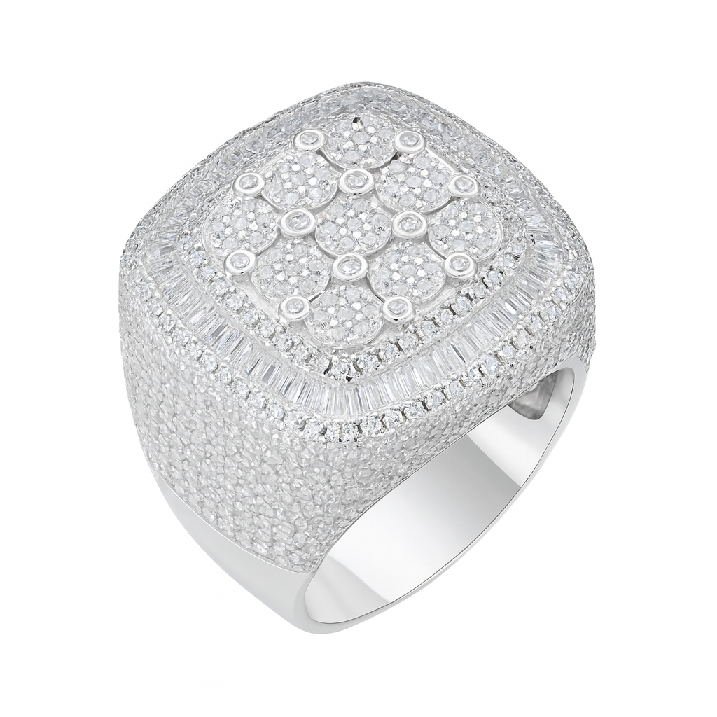 Moissanite Square Pave Set Baguette Fully Iced Statement Ring - 925 Sterling Silver