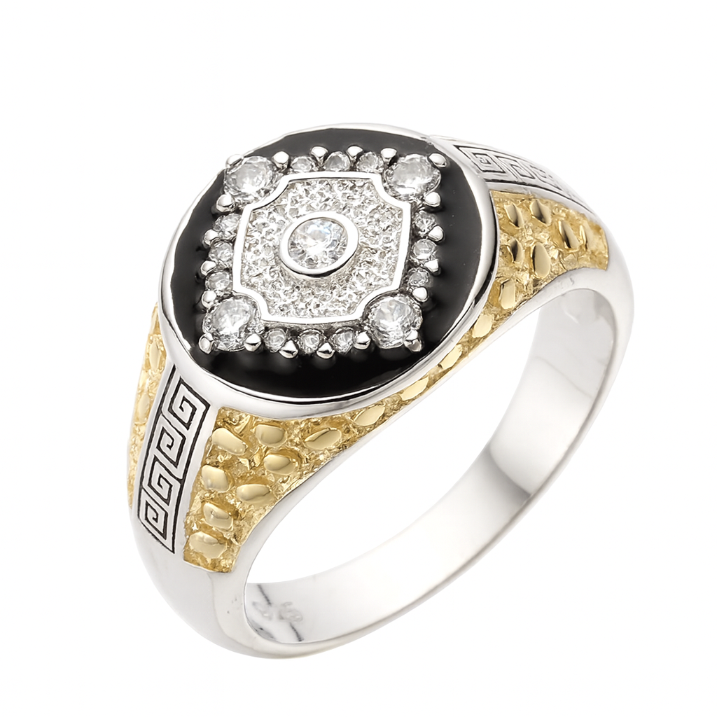 Men’s three-tone moissanite nugget ring with 0.5 carat center stone and 14K gold, rhodium, and black rhodium plating