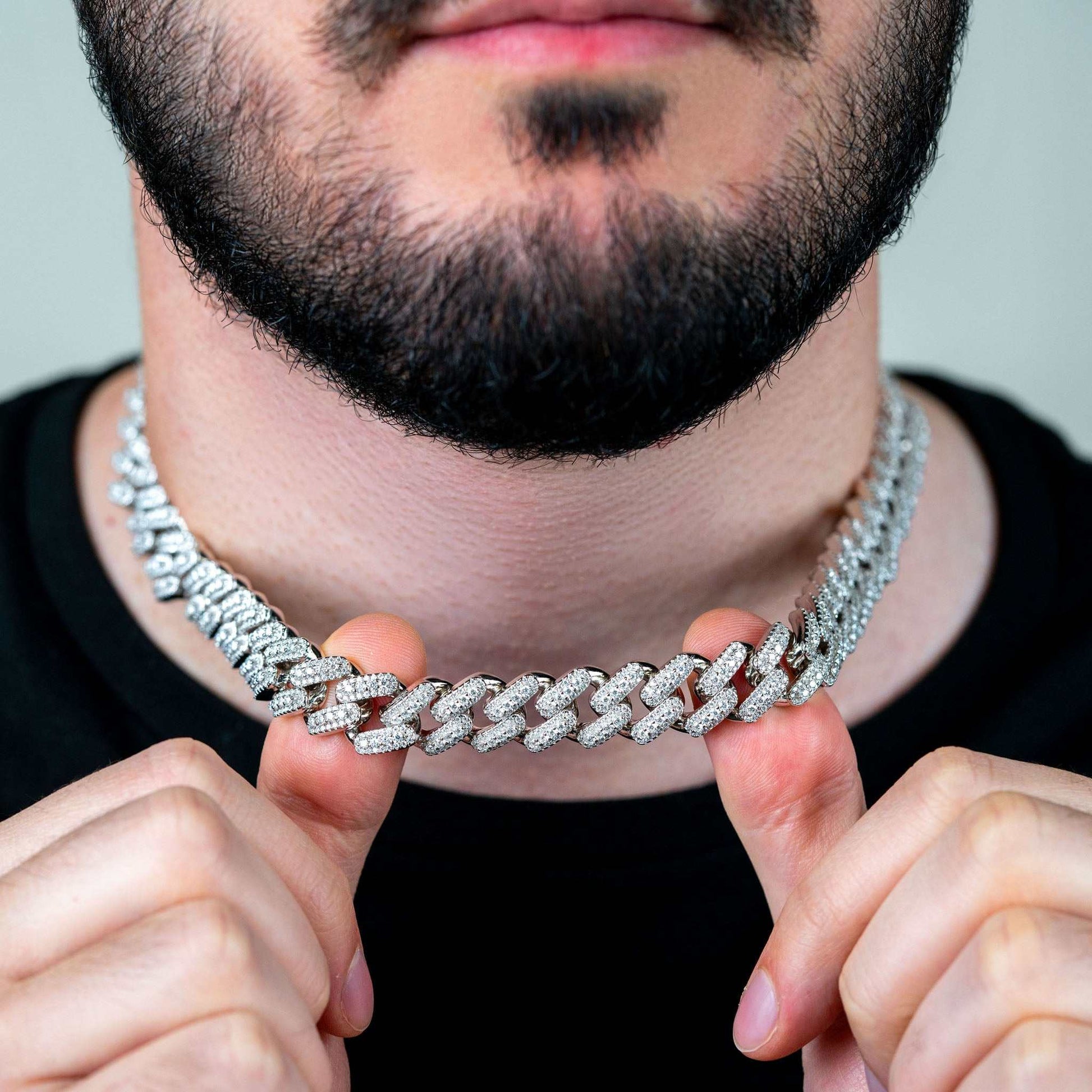 13mm Men Moissanite Miami Cuban Link Chain necklace in sterling silver with rhodium finish.