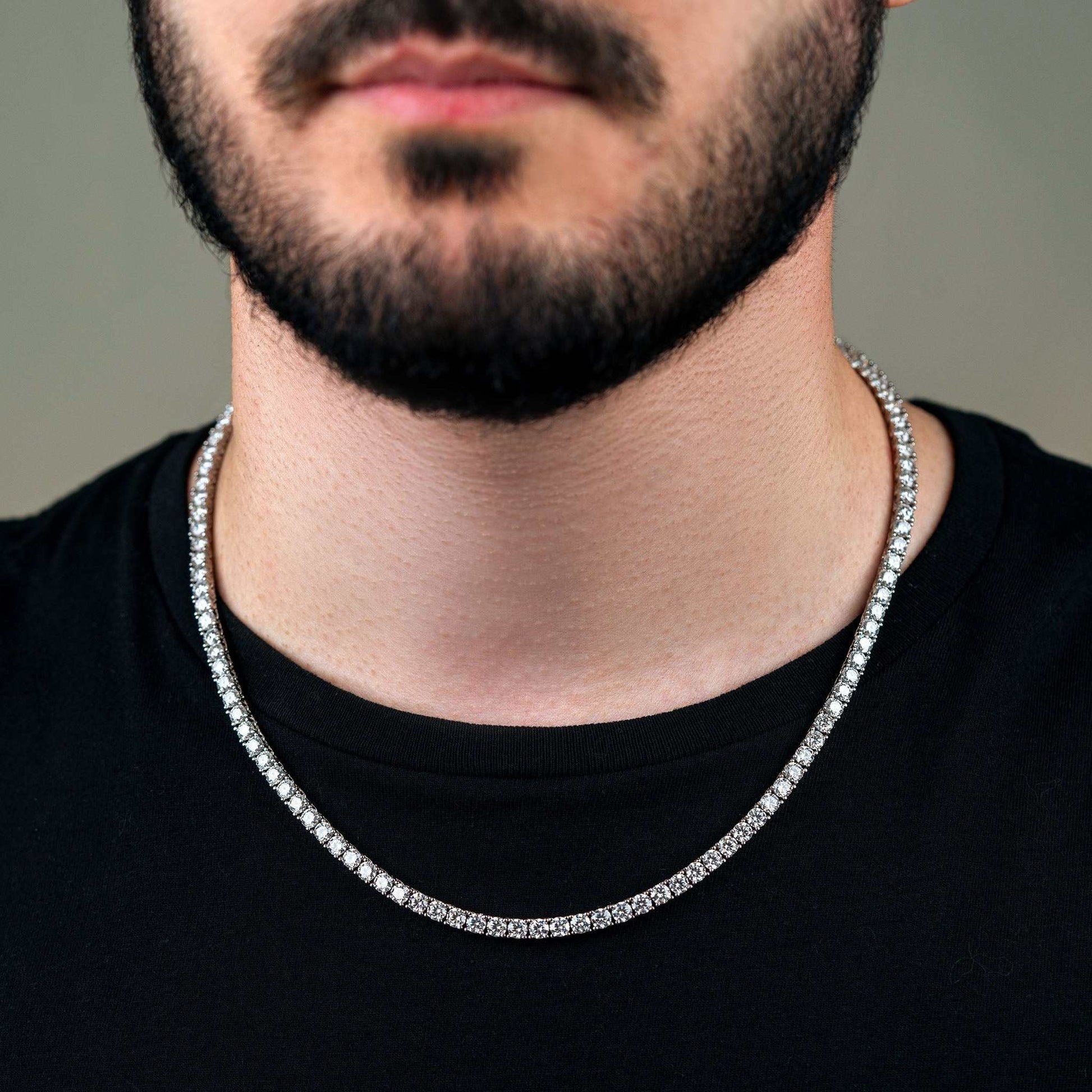 4mm Moissanite Tennis Chain in 925 Sterling Silver, 20 inches, shown on a person.