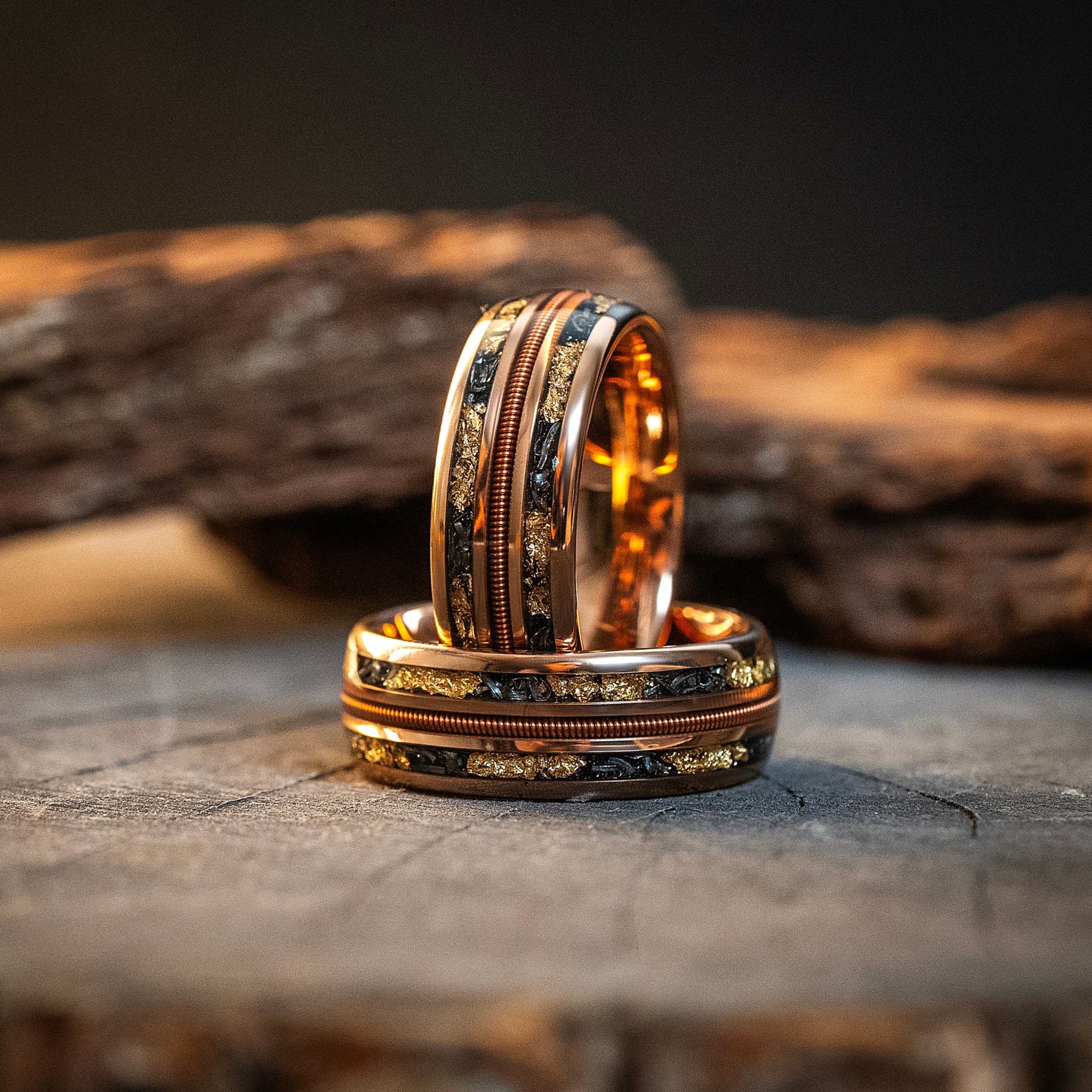 Meteorite Gold Leaf Guitar String Tungsten Carbide Ring