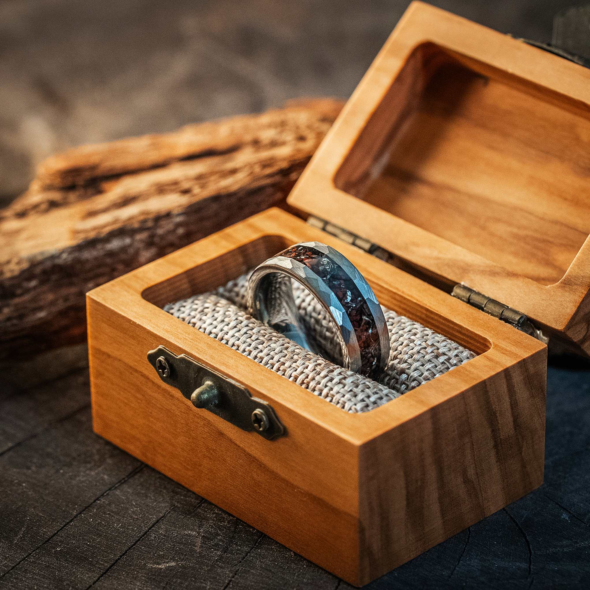 Dinosaur Bones & Meteorite Silver Hammered Tungsten Carbide Ring
