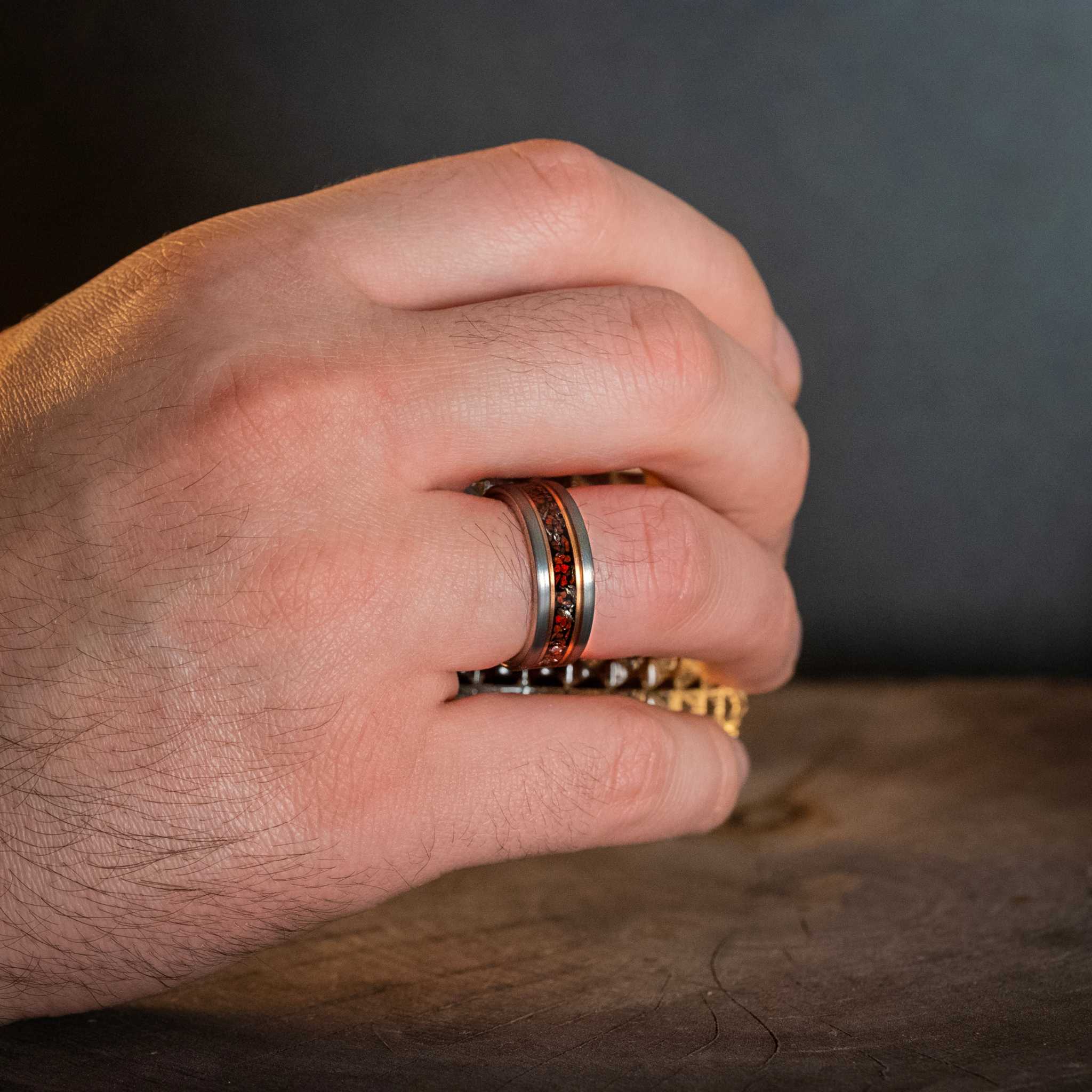 Silver Rose Tungsten Carbide Ring Dinosaur Bone Fossil Meteorite