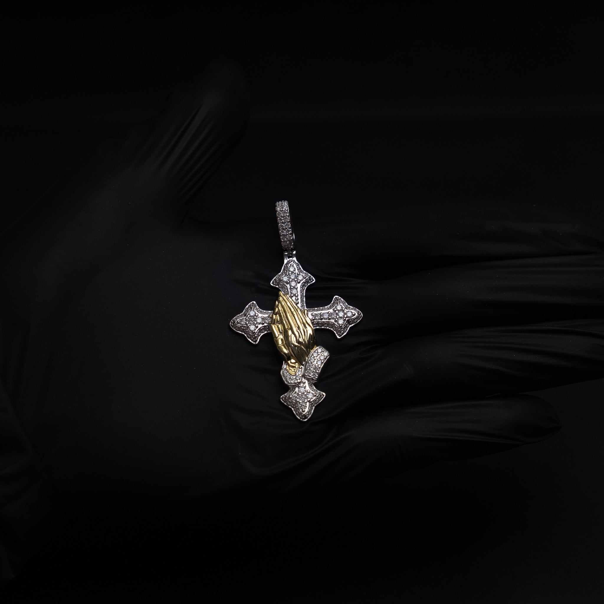 Two Tone Praying Hands Cross Pendant 925 Sterling Silver